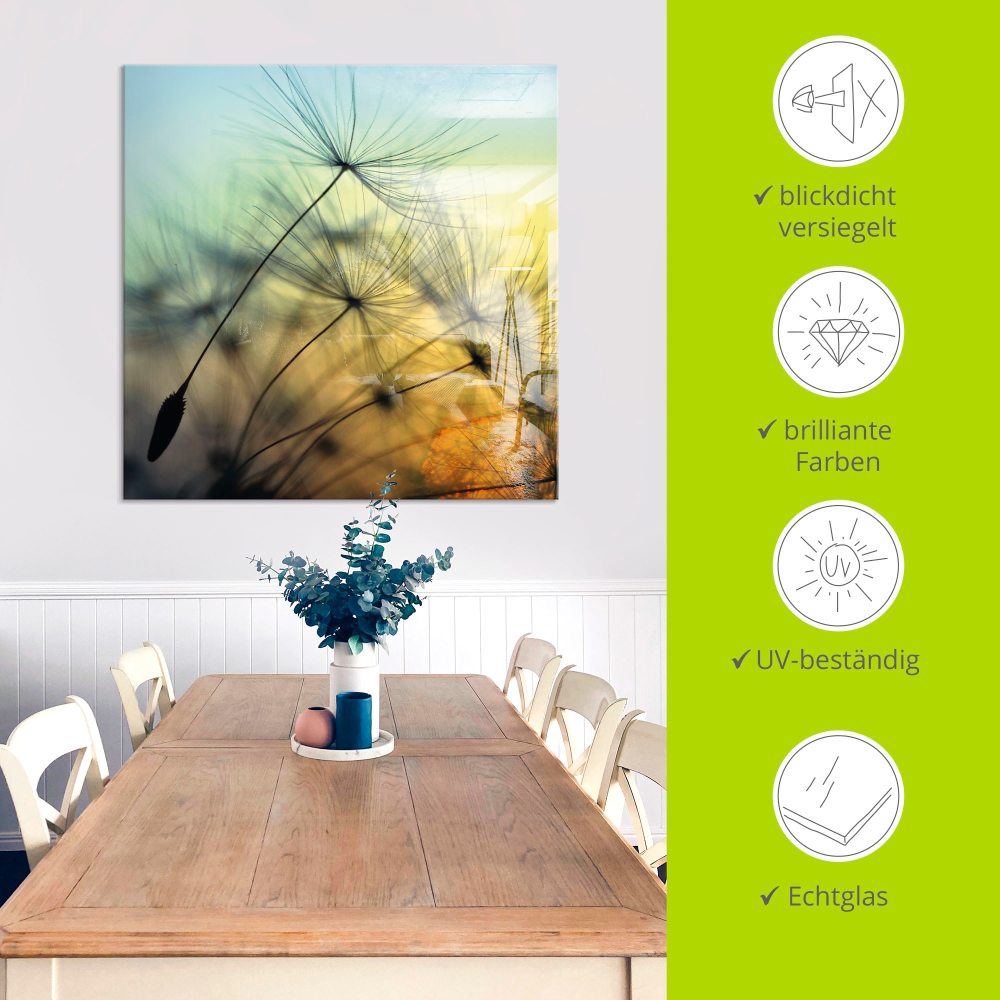 Artland Glasbild »Goldener Sonnenuntergang und Pusteblumen«, Blumen, (1 St.), in verschiedenen Grössen
