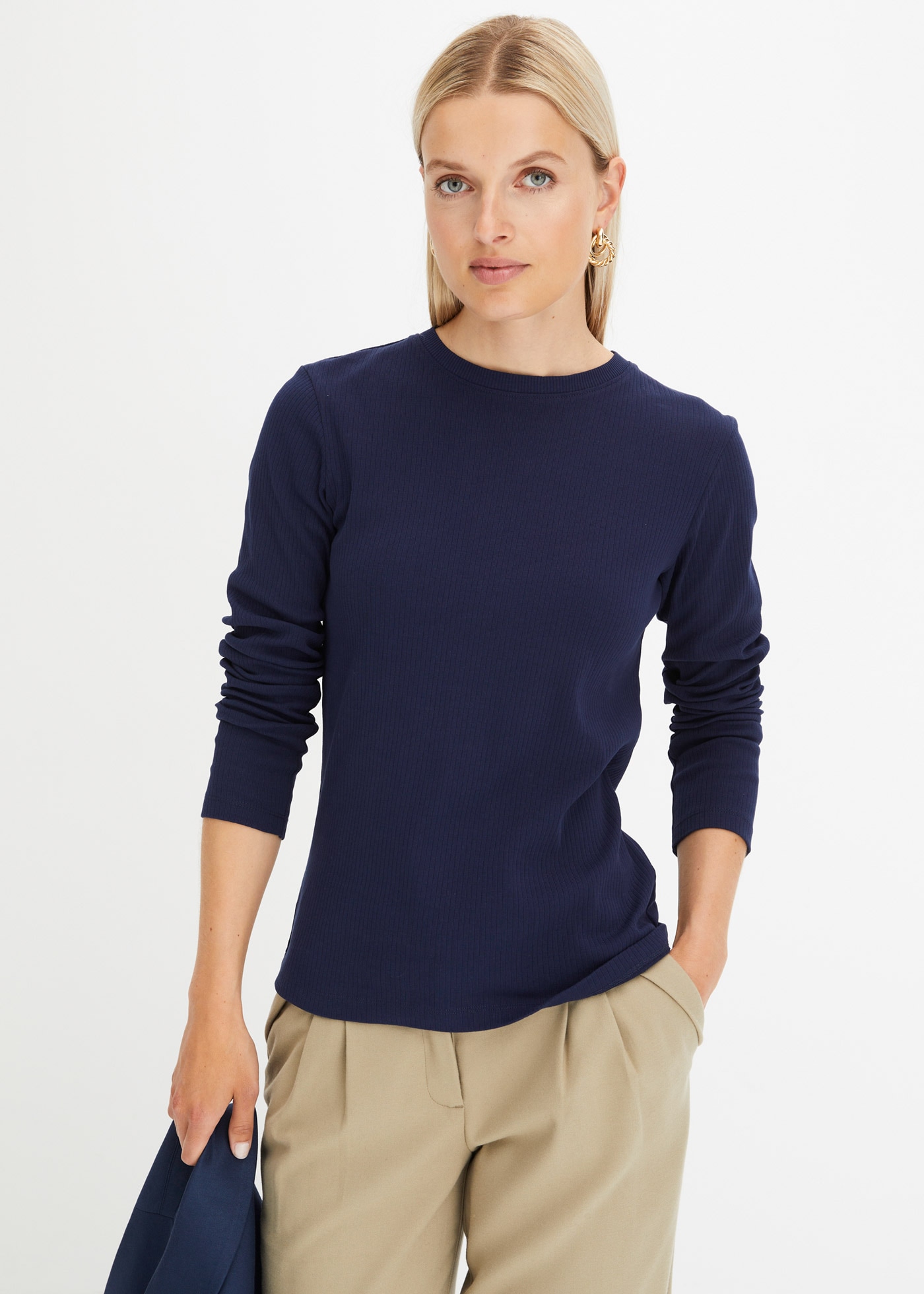 Image of bonprix Langarmshirt "Geripptes Langarmshirt aus reiner Baumwolle" Slim fit Passform, ohne Kragen, aus reiner Baumwolle, unifarben