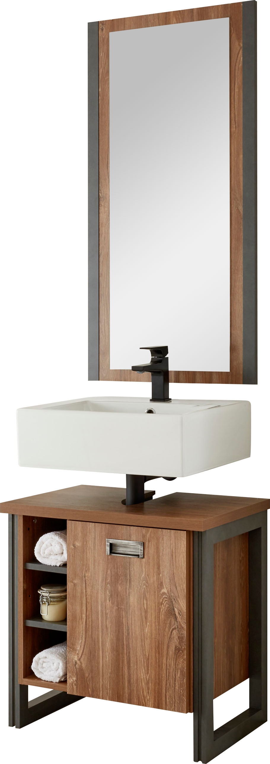 Home affaire Badmöbel-Set »Detroit, Bad im Industrialdesign, 2-teiliges Badezimmer«, (Set, 2 St.), Waschbeckenunterschrank und Spiegel, holzfarben, mit offenen Fächern