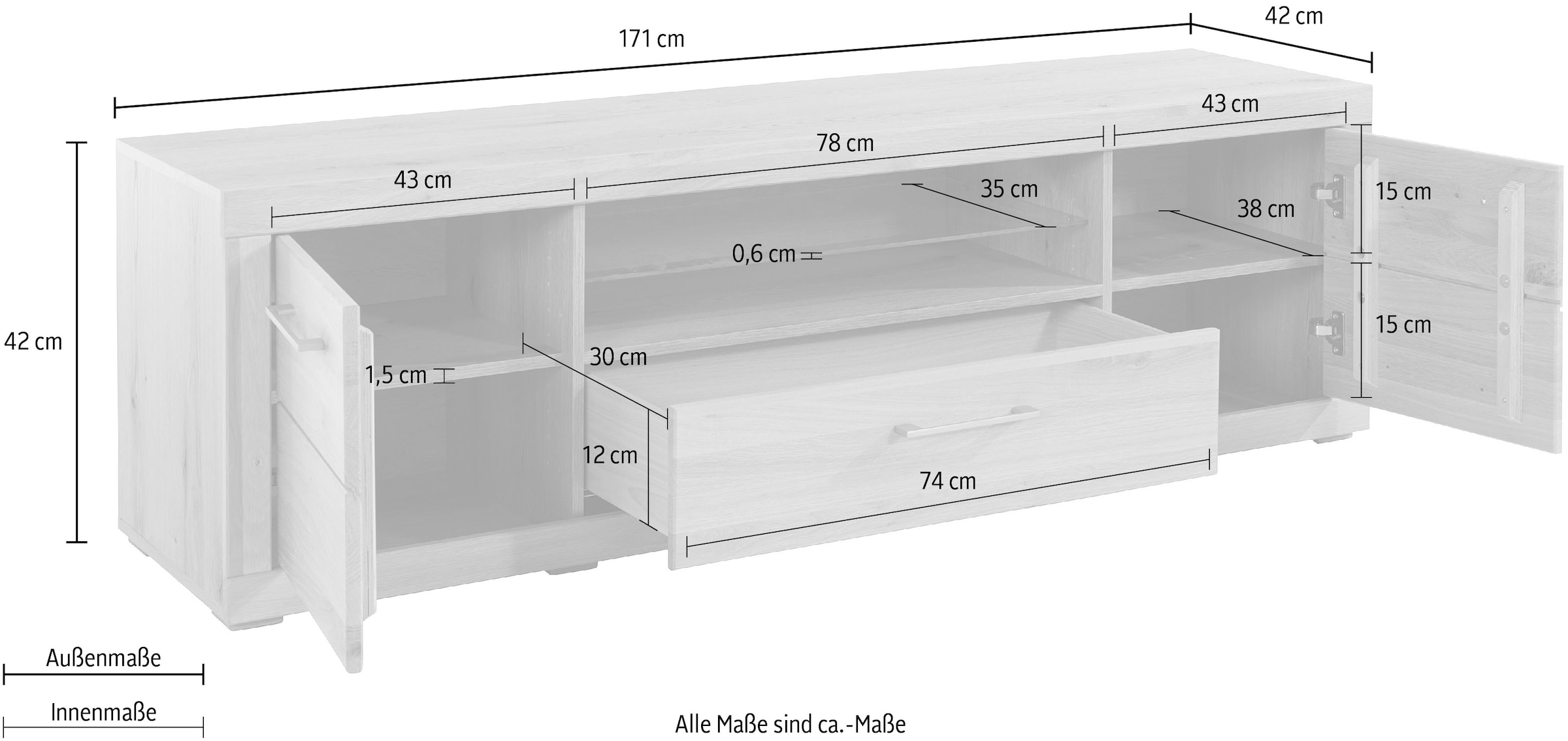 VOGL Möbelfabrik Lowboard »1237« Massivholzfront, Breite ca. 171 cm, mit Softclose Funktion