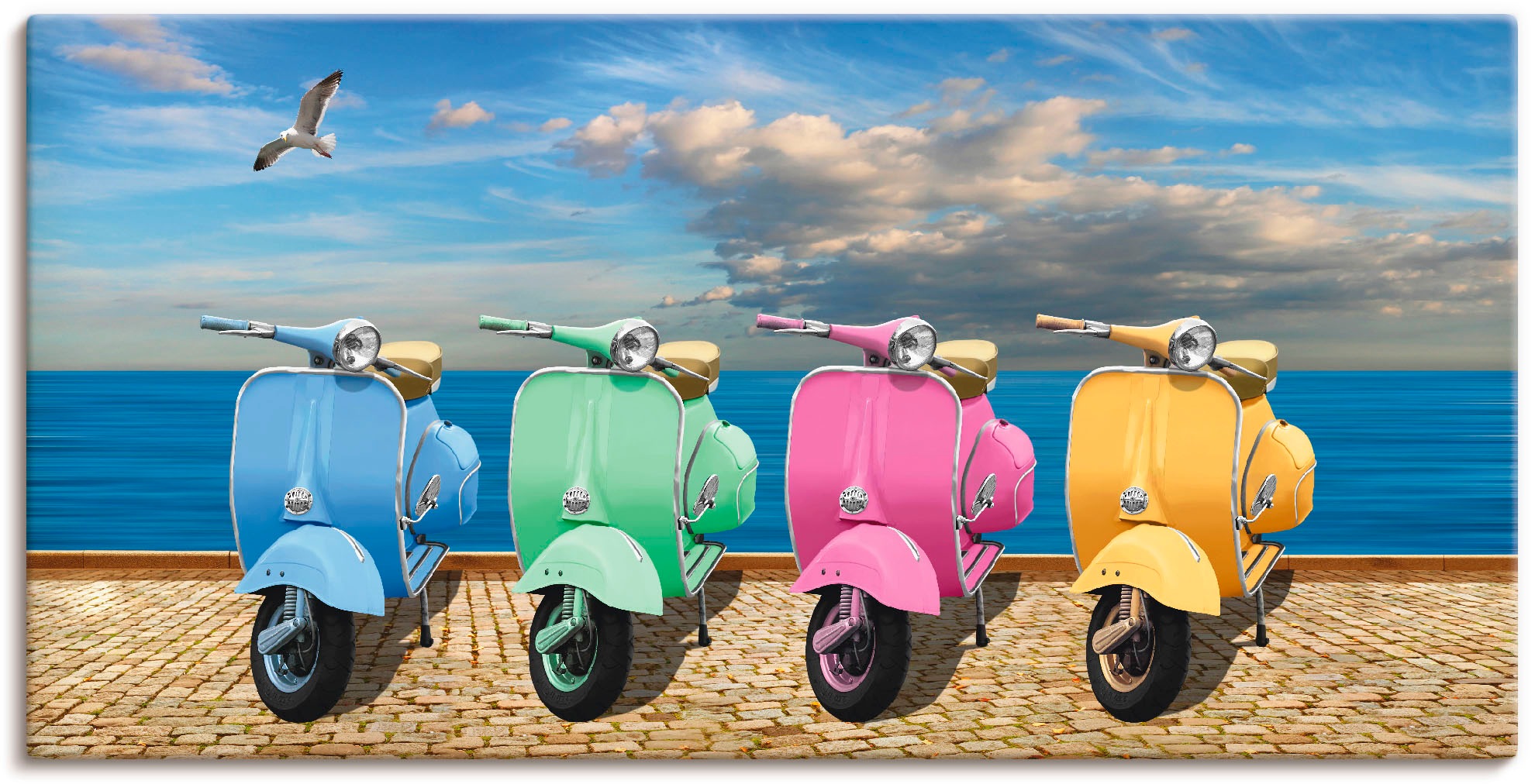 Image of Artland Wandbild »Vespa-Roller in bunten Farben«, Motorräder & Roller, (1 St.), in vielen Grössen & Produktarten - Alubild / Outdoorbild für den Aussenbereich, Leinwandbild, Poster, Wandaufkleber / Wandtattoo auch für Badezimmer geeignet bei Ackermann Ver