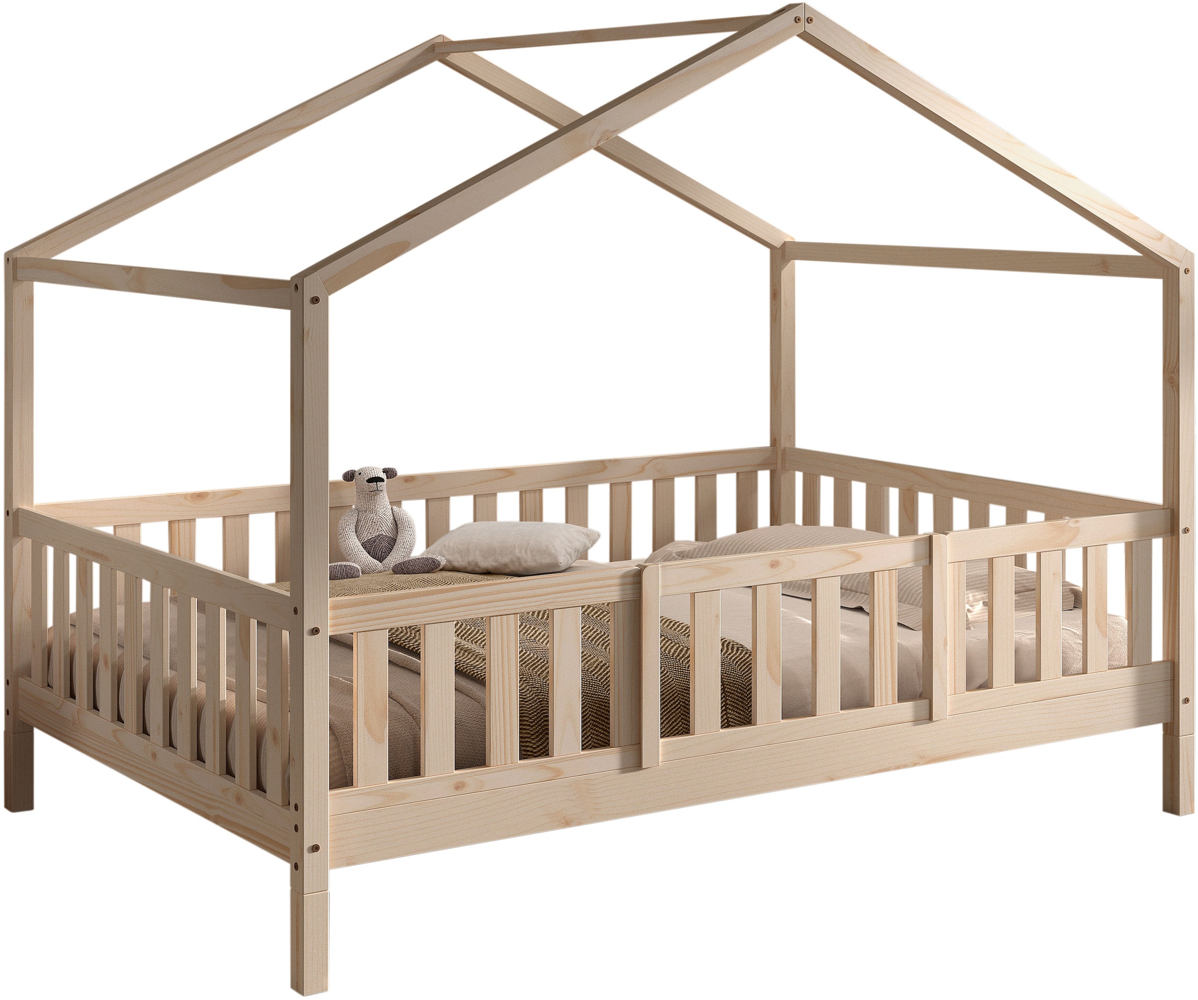 Vipack Hausbett »Dallas, Massivholzbett mit Dachaufbau umbaubar vom Boden- zum Daybett« mit Bettschublade, wahlweise Kiefer massiv natur oder weiss