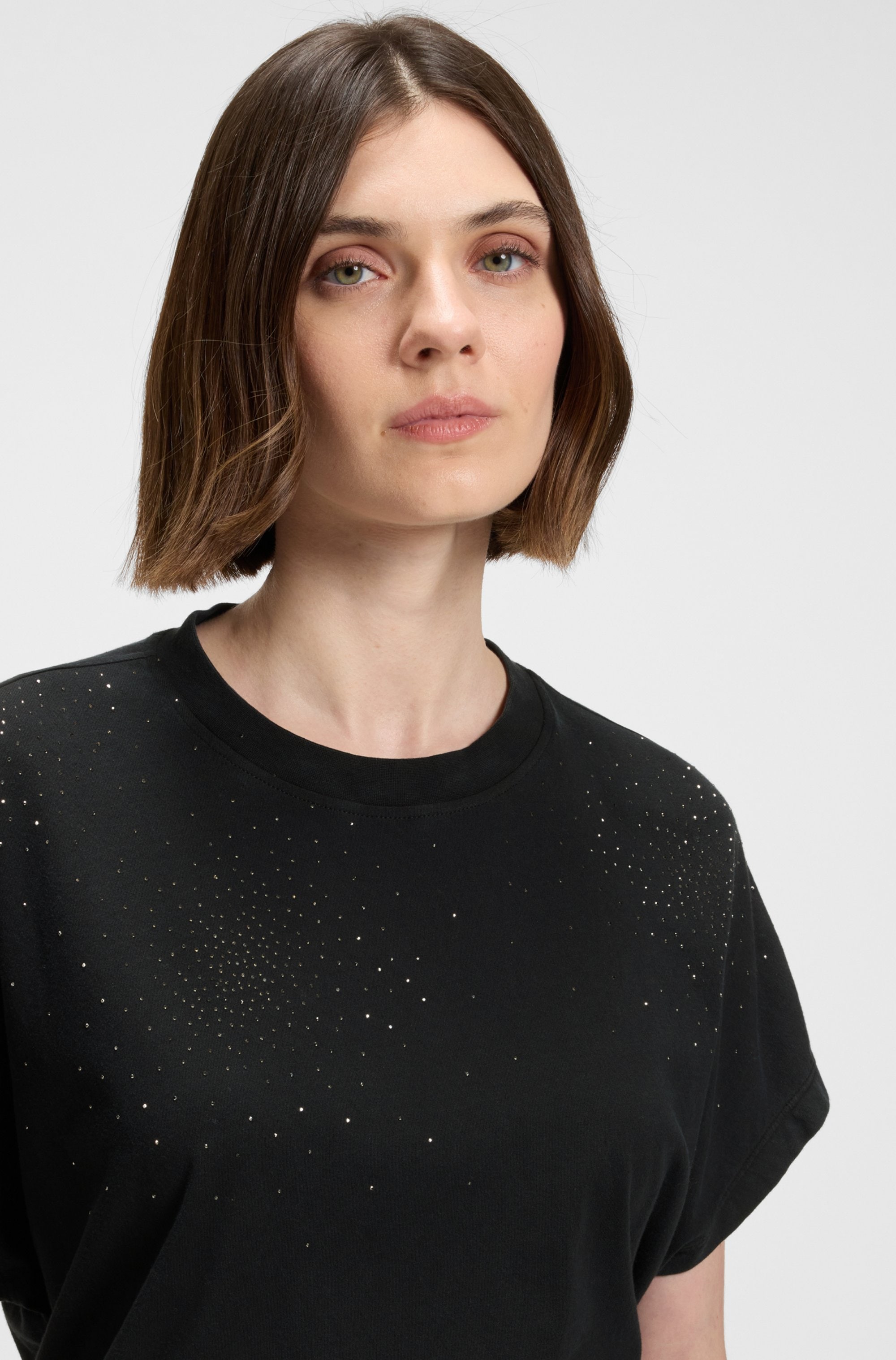 BOSS ORANGE T-shirt »Emason Hotfix Premium Damenmode«, Oversized Fit mit Rundhals, Glitzer-Applikation
