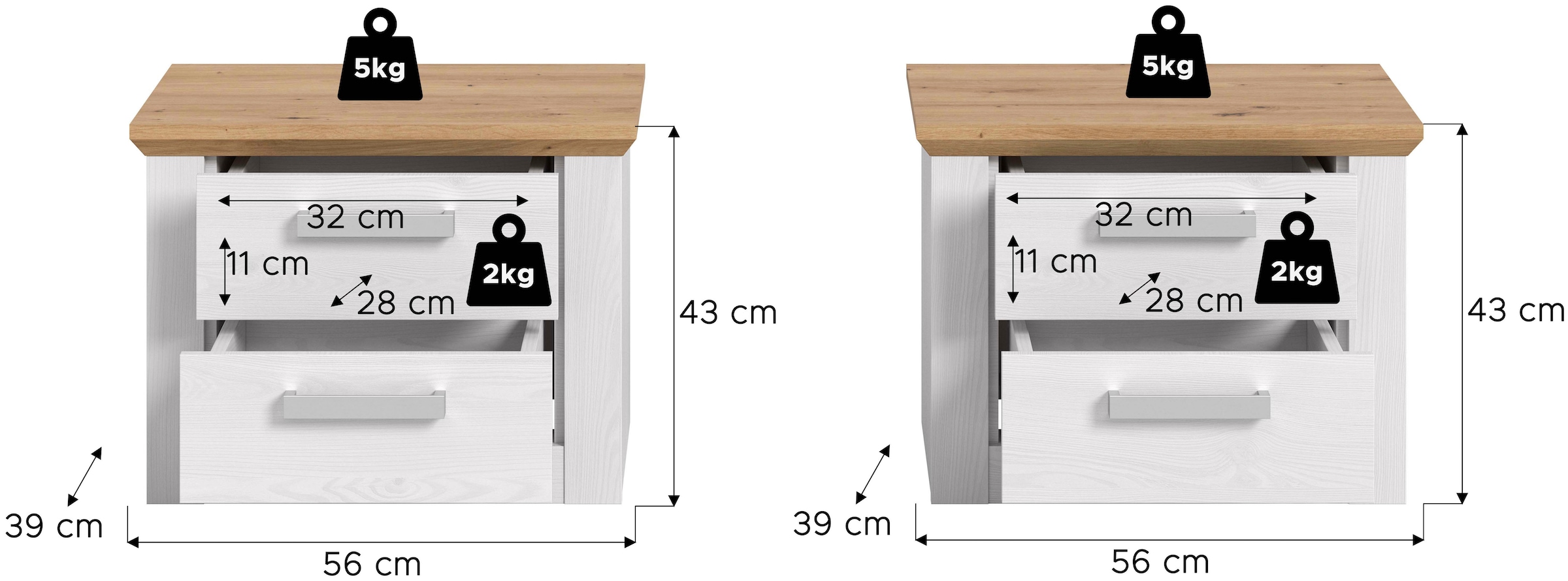 Home affaire Table de nuit »COSENZA, 2er Set, Breite je 54cm, in Landhausoptik« ensemble de 2, incluant 2 tiroirs à extension totale chacun,  table de nuit, chevet, commode, Nako, table d'appoint