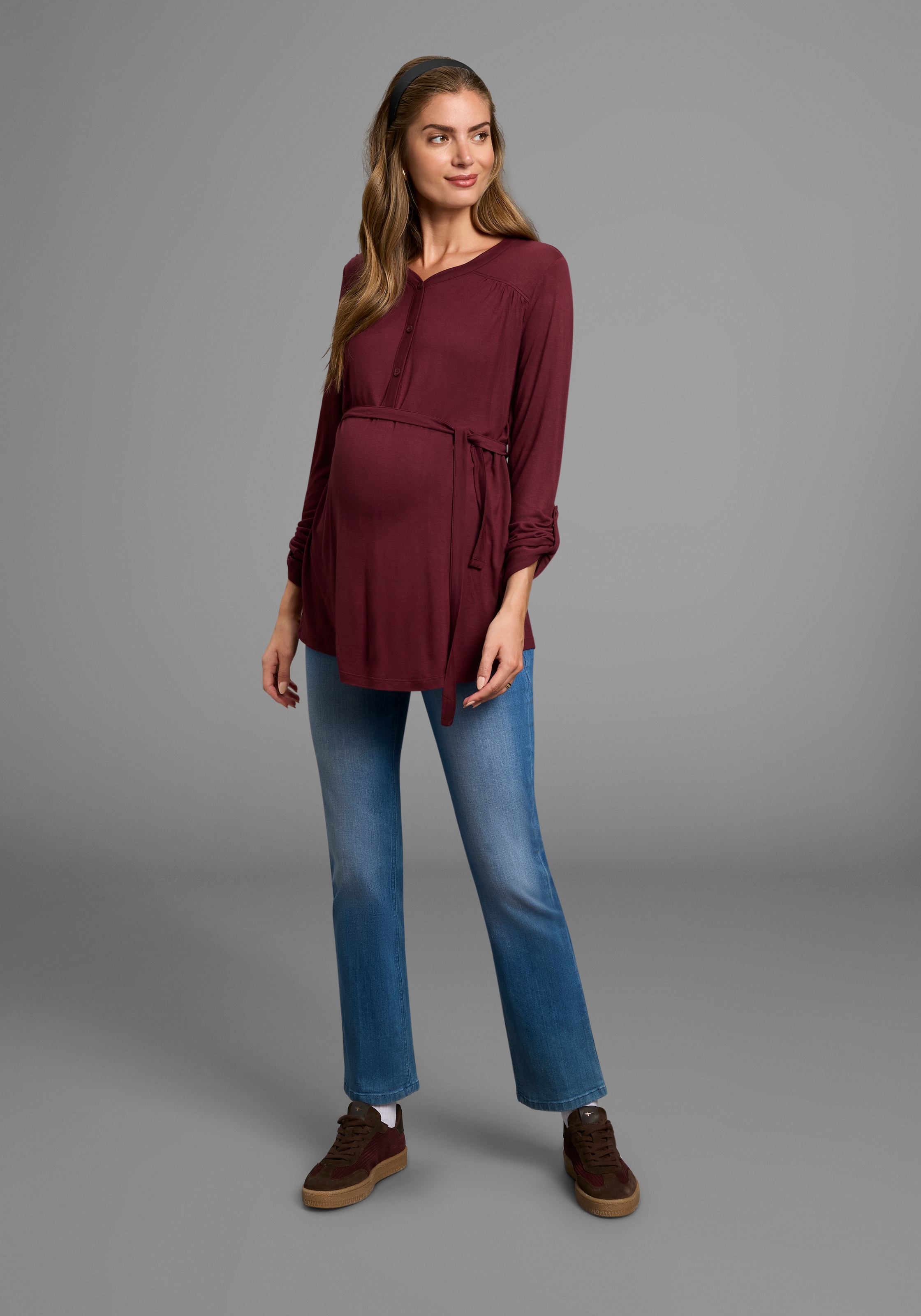 Neun Monate T-shirt de grossesse »Jersey-Bluse mit Bindegürtel« Viskose Umstands-Bluse praktisch für Schwangerschaft und danach