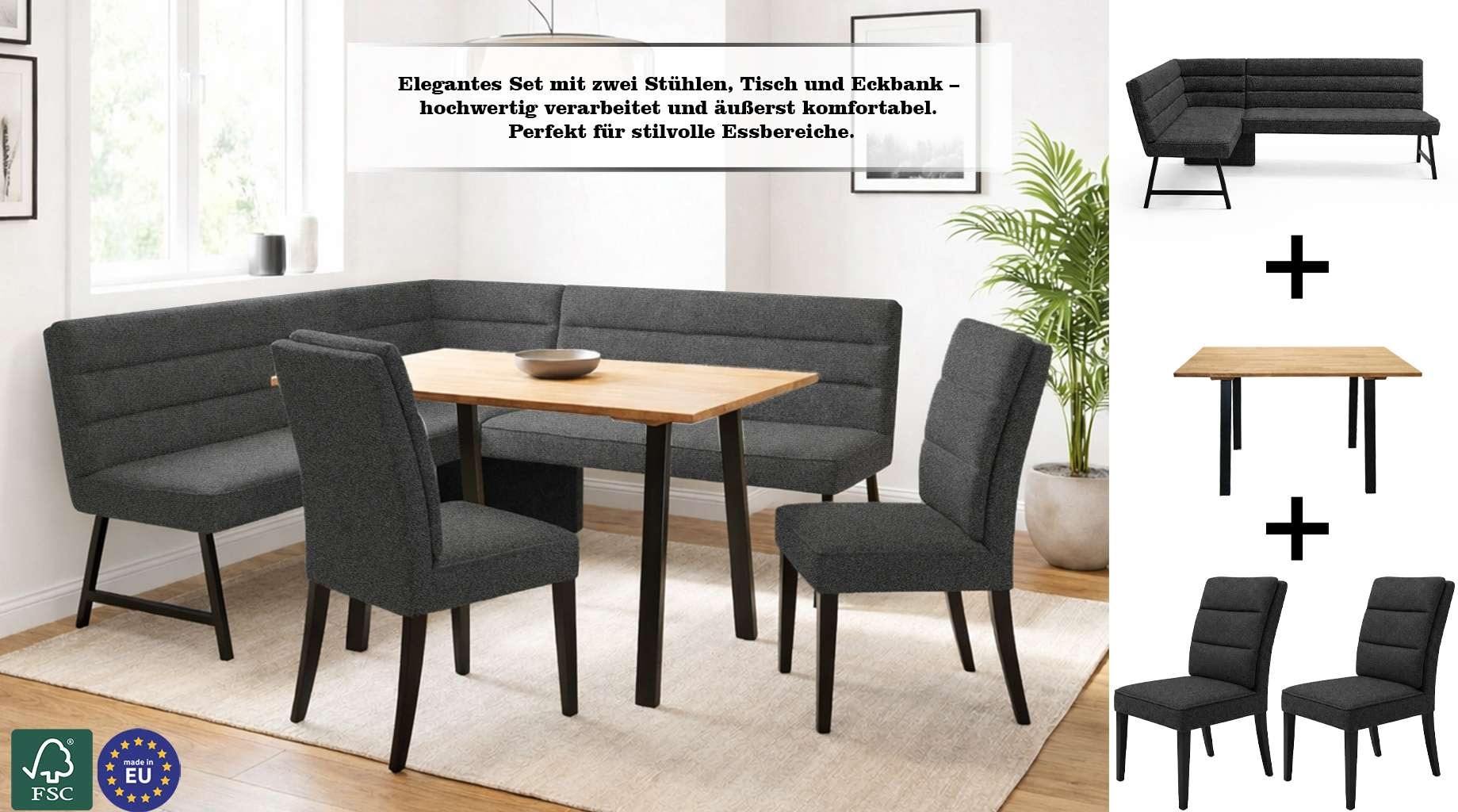 GOODproduct Ensemble de bancs d'angle »Oregon Essecke, Sitzgruppe, Küchenbankgruppe« Ensemble, 4er, 4 tlg. Eckbank mit Metallfüssen, Esstisch in Eiche massiv