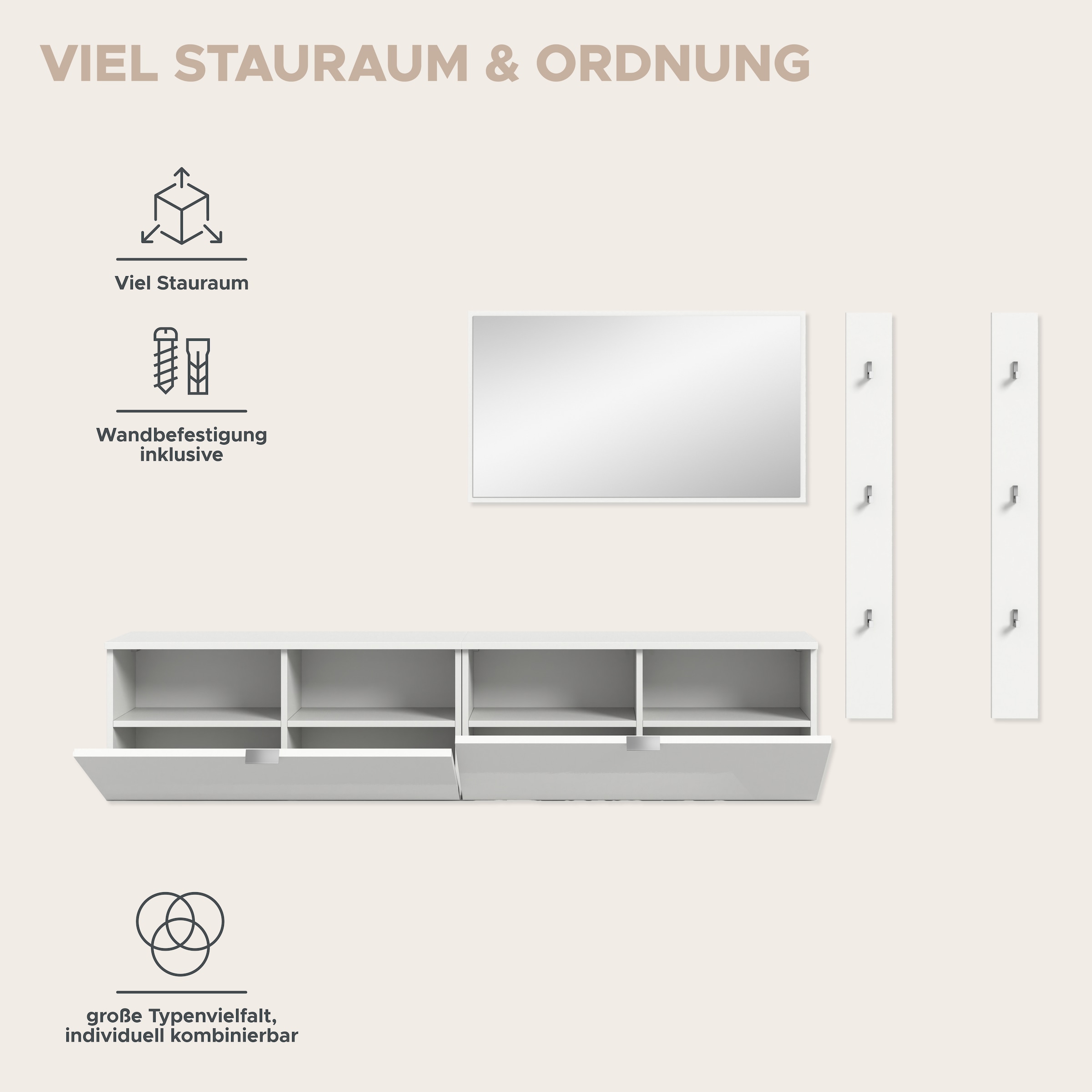 INOSIGN Garderoben-Set »Trondheim Garderobenset 4-tlg., Breite 237 cm,«, (4 St.), hochglanz, best. aus: Spiegel, 2er Set Paneele, Kommoden, Flur
