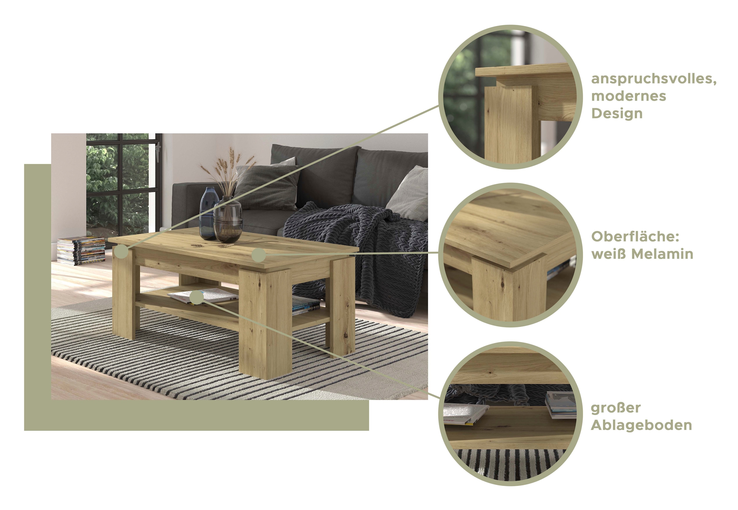 INOSIGN Couchtisch »Kalmar, rechteckig, 100 x 60 cm, 1 Ablageboden«, (1 St.), Sofatisch, Beistelltisch, Kaffetisch, Wohnzimmertisch, coffee table