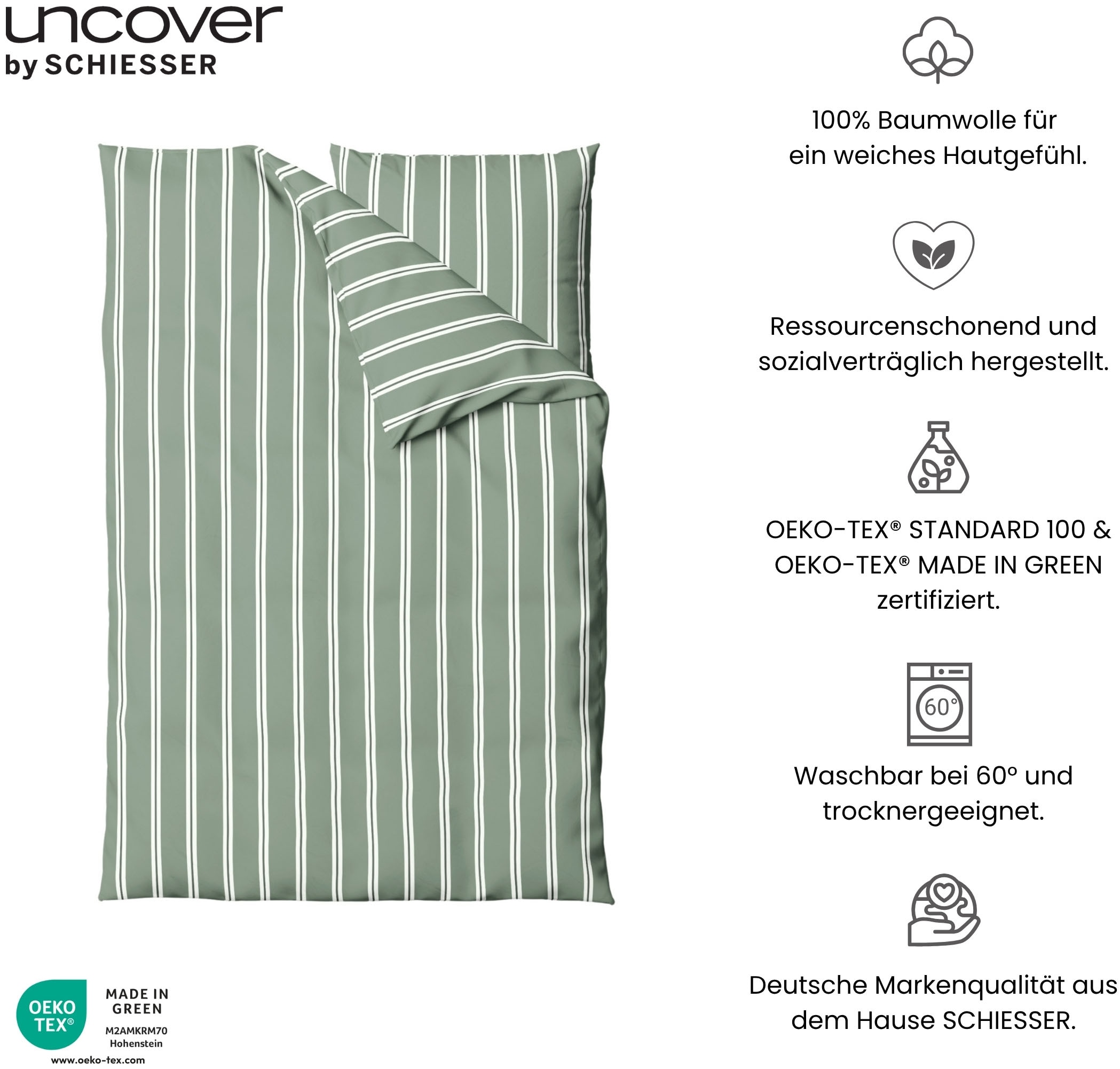 uncover by SCHIESSER Linge de lit »Colorado mit Streifen in angesagten Farben, 135x200cm + 80x80cm« 2 cuis Made in Green