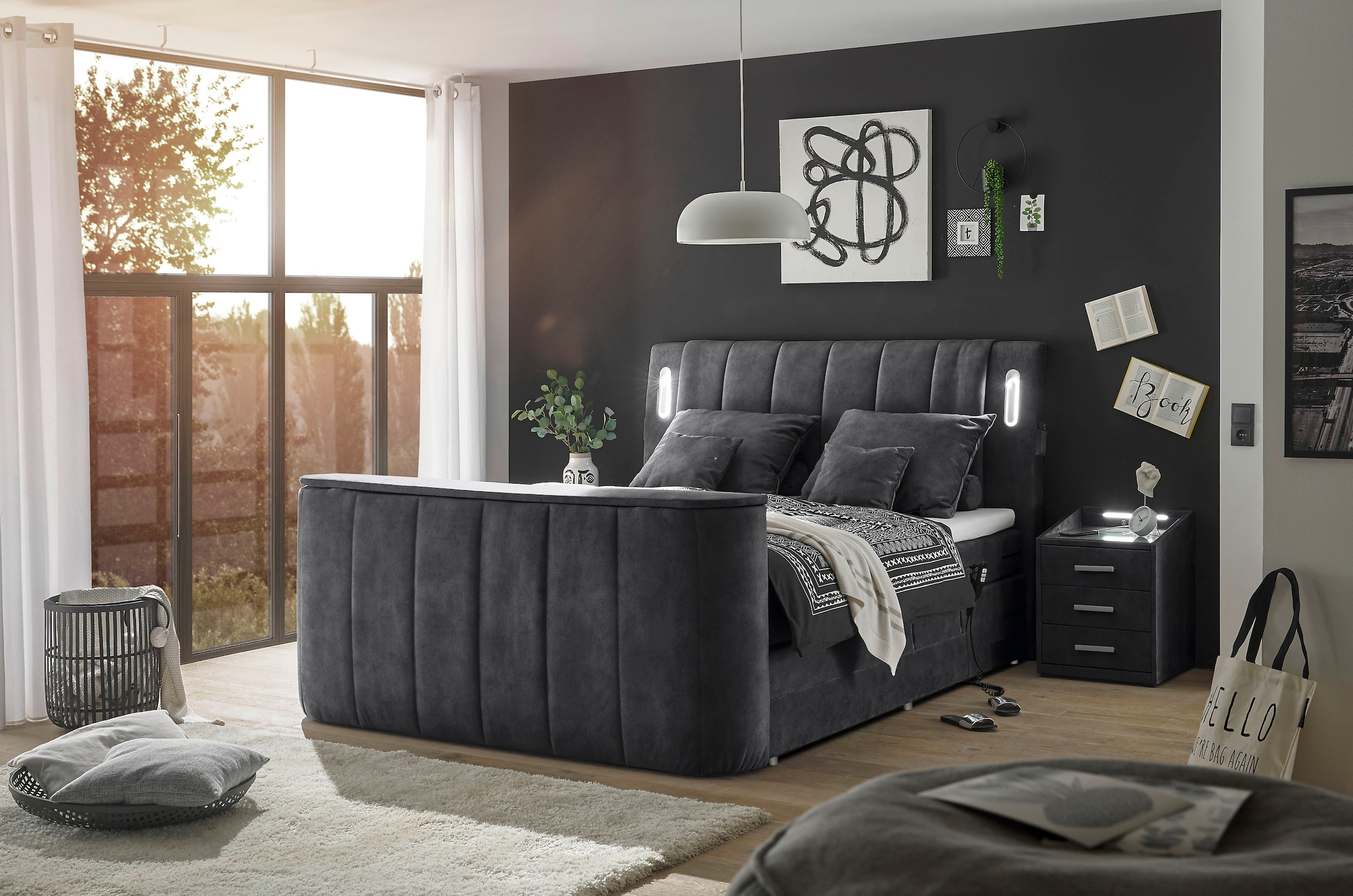 ED EXCITING DESIGN Boxspringbett »Dallas« 6 Stk. tlg. inkl. Topper, LED-Beleuchtung, motorisierter TV Halterung und Motor