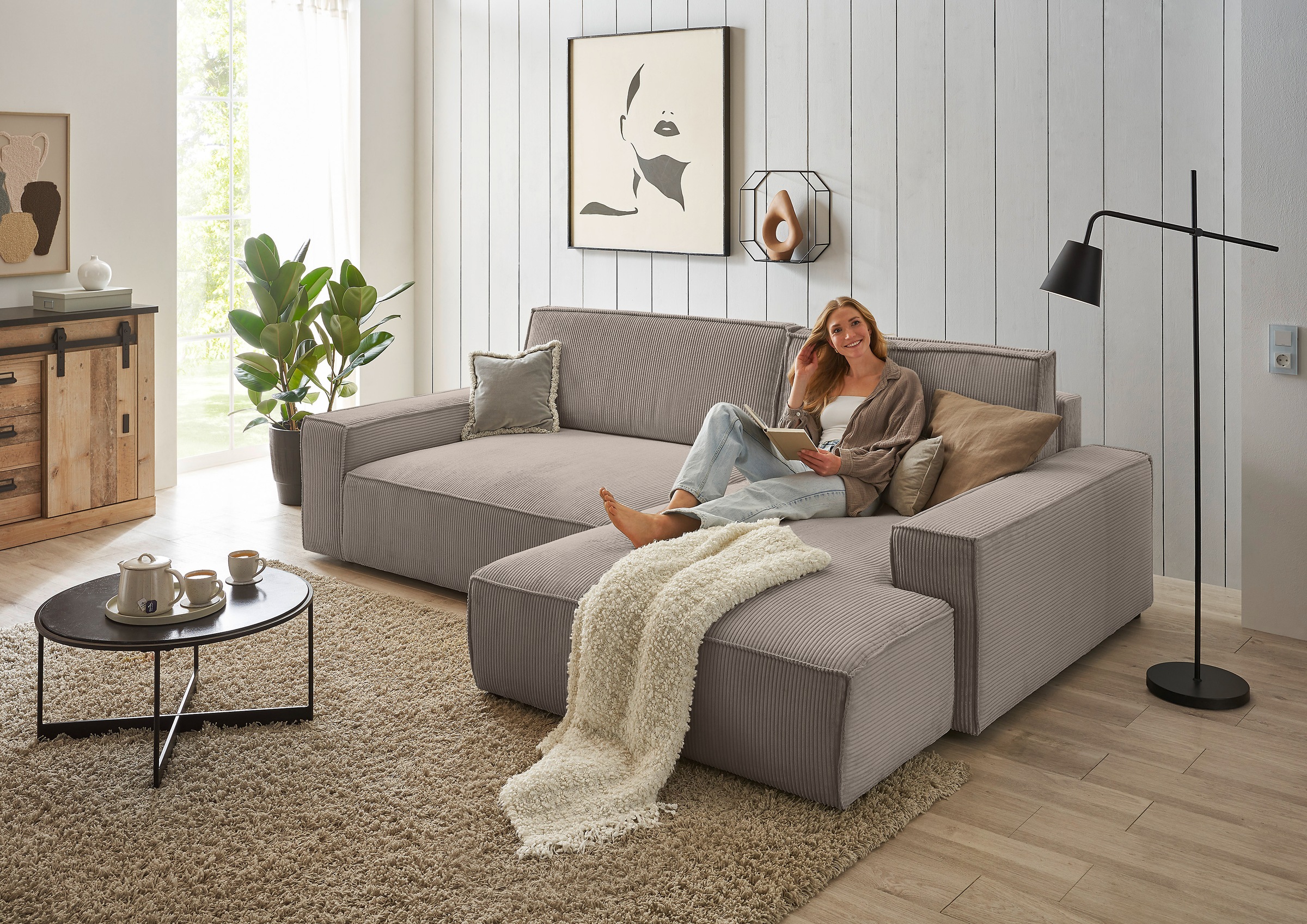 Home affaire Ecksofa »NEU: SHERWOOD XXL 284, Big-Sofa L-Form, tiefe Sitzfläche 95 cm, Cord« Recamiere rechts/links, als Schlafsofa stellbar, Cord u. Leinenoptik