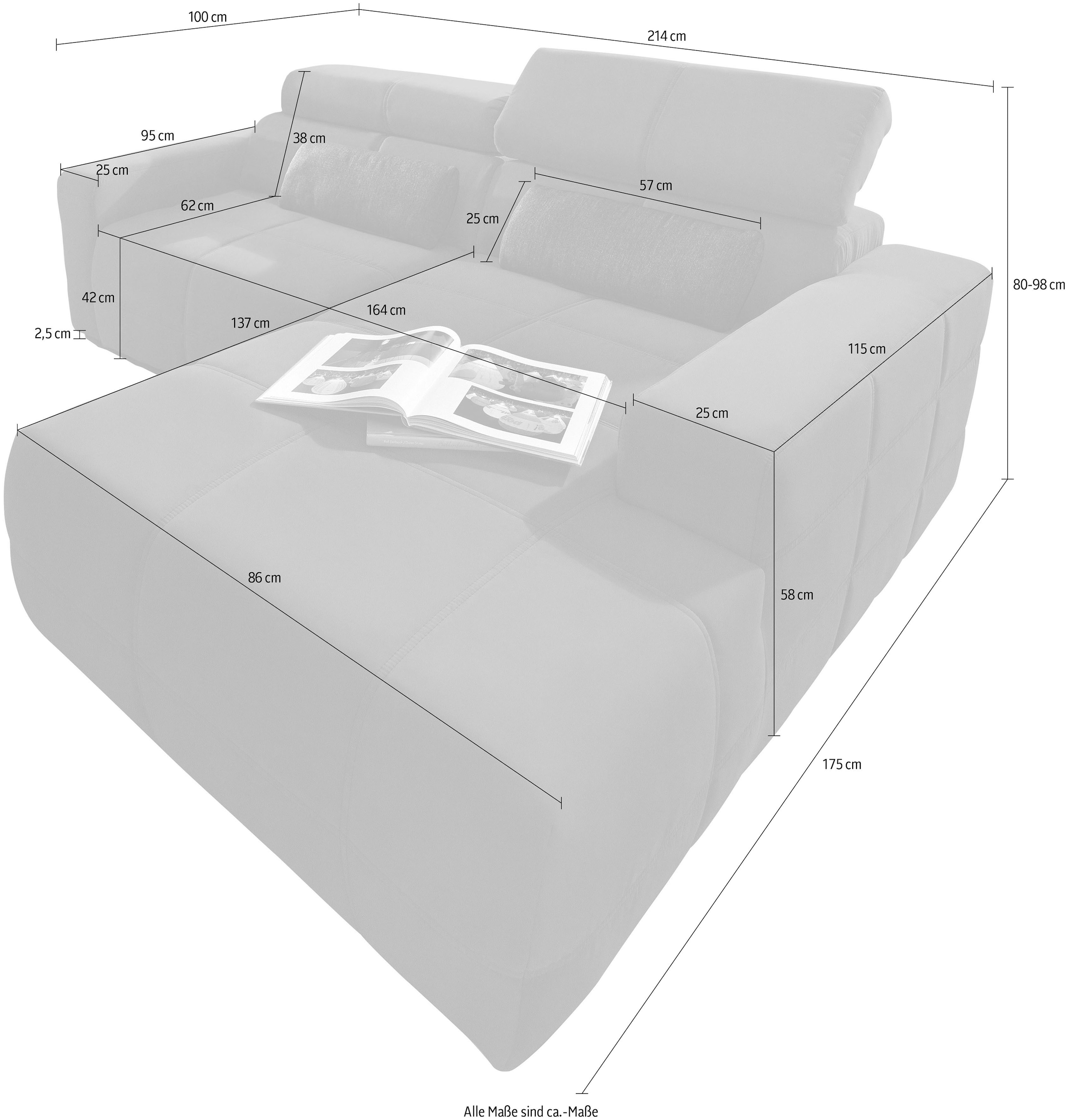 DOMO collection Ecksofa »Brandon B/T: 214/175 cm, belastbar bis 140kg/ Sitz, L-Form«, Cord, grau