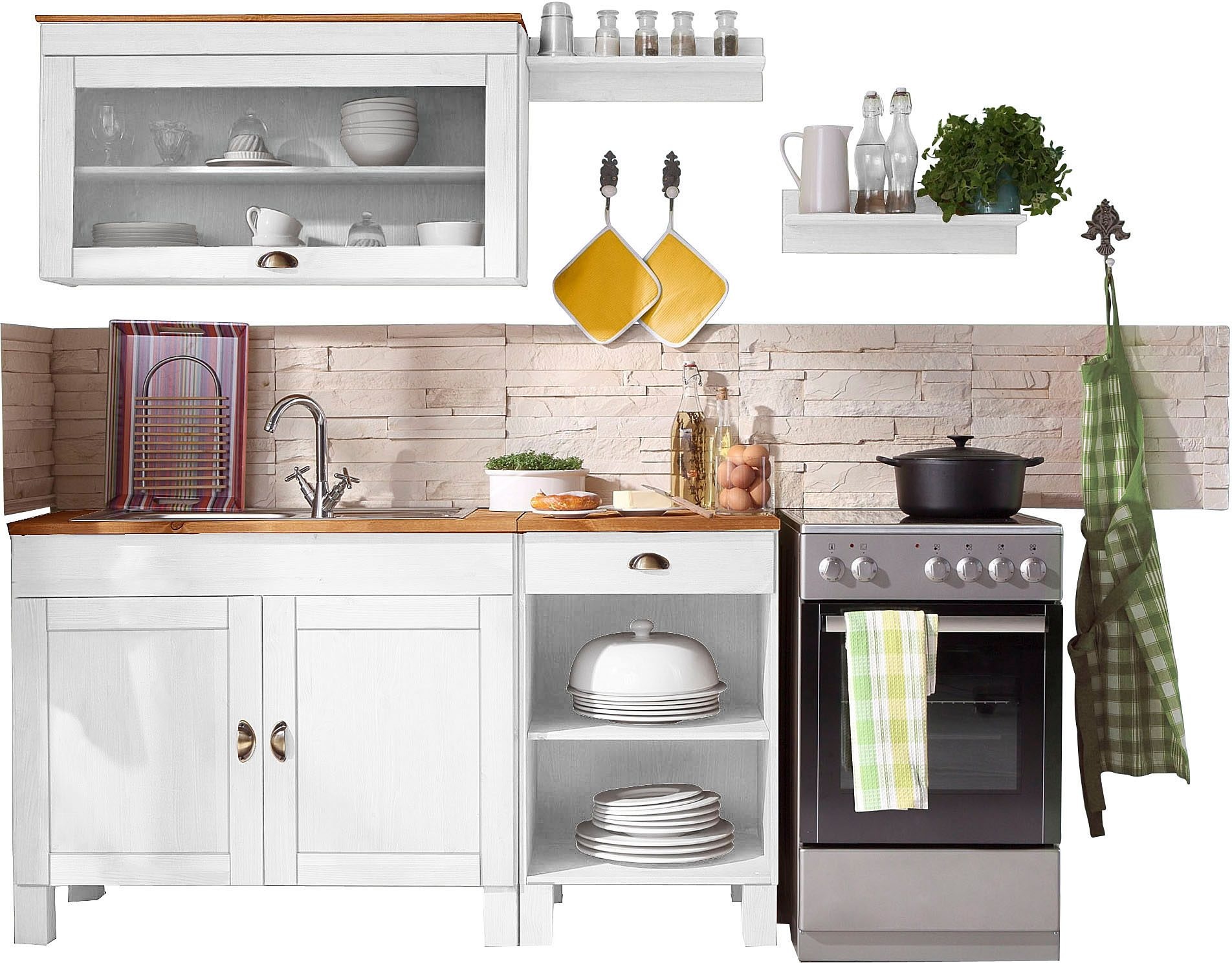 Image of Home affaire Küchen-Set »Oslo«, (5 St.), ohne E-Geräte, Breite 150 cm, aus massiver Kiefer, 23 mm starke Arbeitsplatte, mit Metallgriffen, Landhaus-Küche bei Ackermann Versand Schweiz