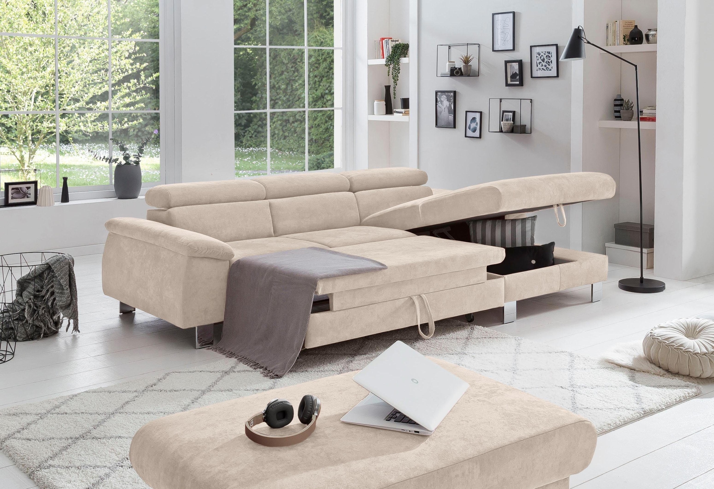 COTTA Polstergarnitur »Komaris L-Form«, (Set), Set bestehend aus: Ecksofa mit Kopfteilverstellung & Hocker