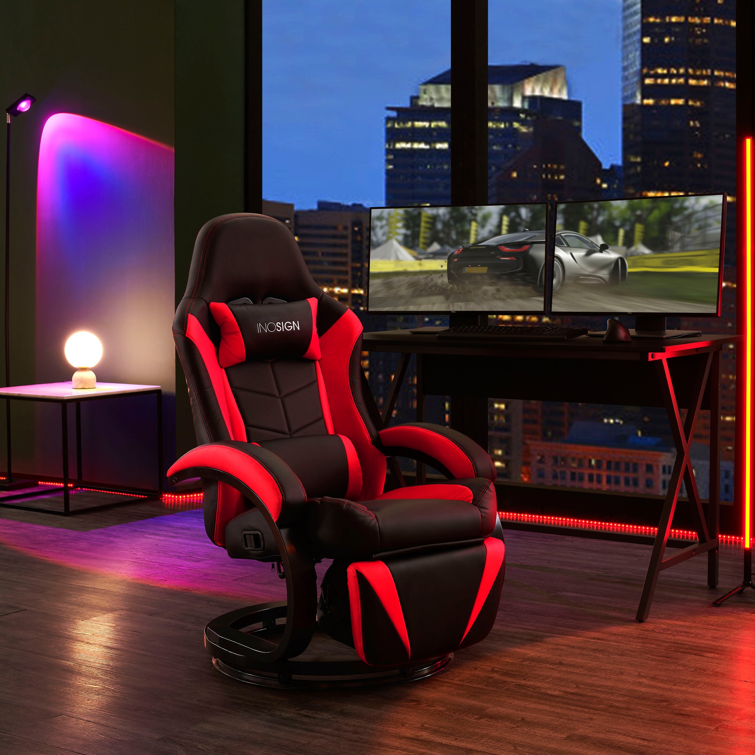 Image of INOSIGN Relaxsessel »Zarina«, im Gamingchair Design, mit mechanischer Relaxfunktion, integrierte Fussstütze, Drehfunktion, 1 Kissen zur Kopfstütze, schwarzes Massivholz Gestell, Sitzhöhe 45,5 cm bei Ackermann Versand Schweiz