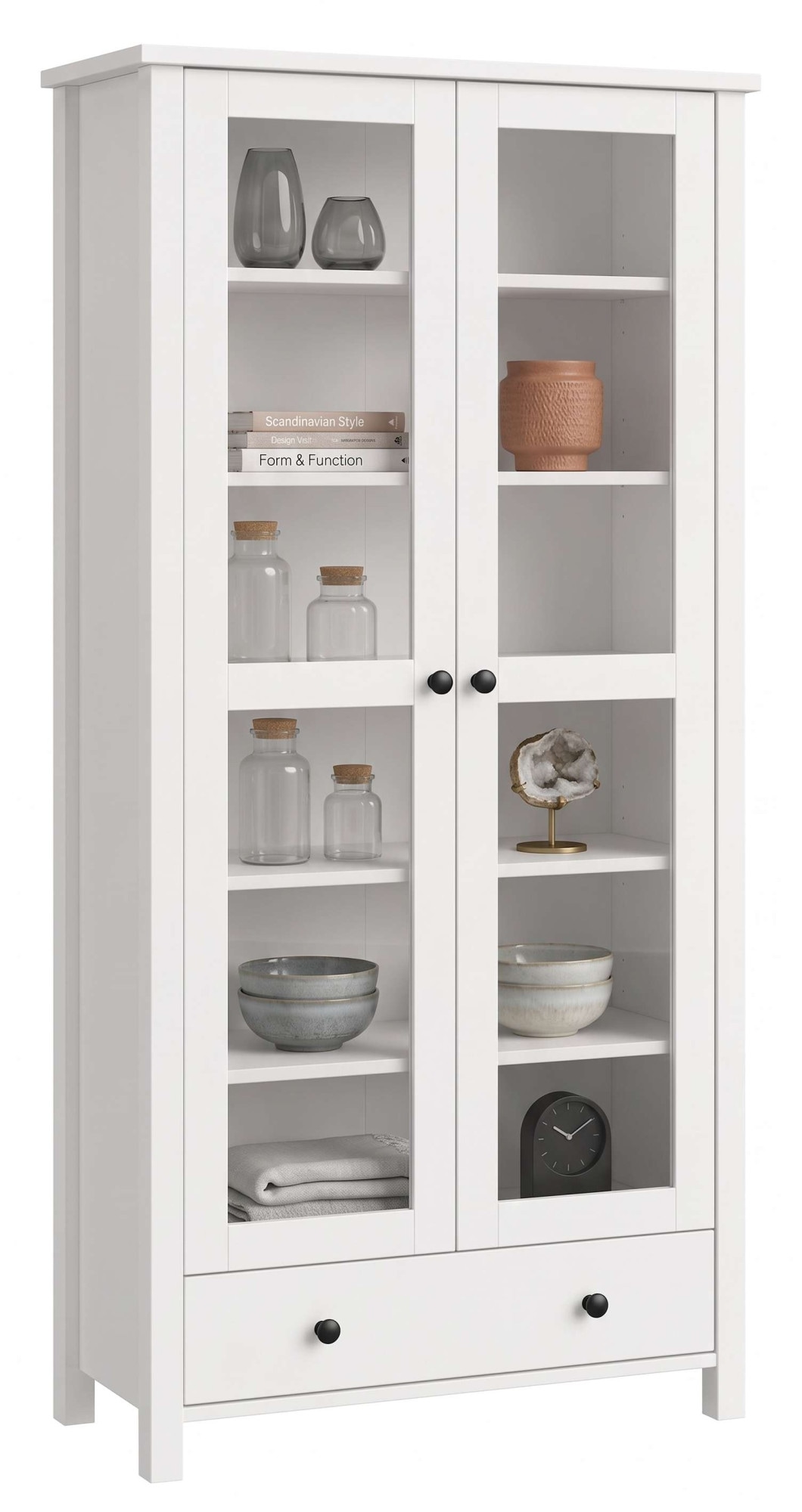 GOODproduct Vitrine »Mikkeli Glasvitrine mit 1 Schubkasten, Knopfgriffen aus Metall« aus massiver FSC®-zertifizierter Kiefer, moderner Landhausstil