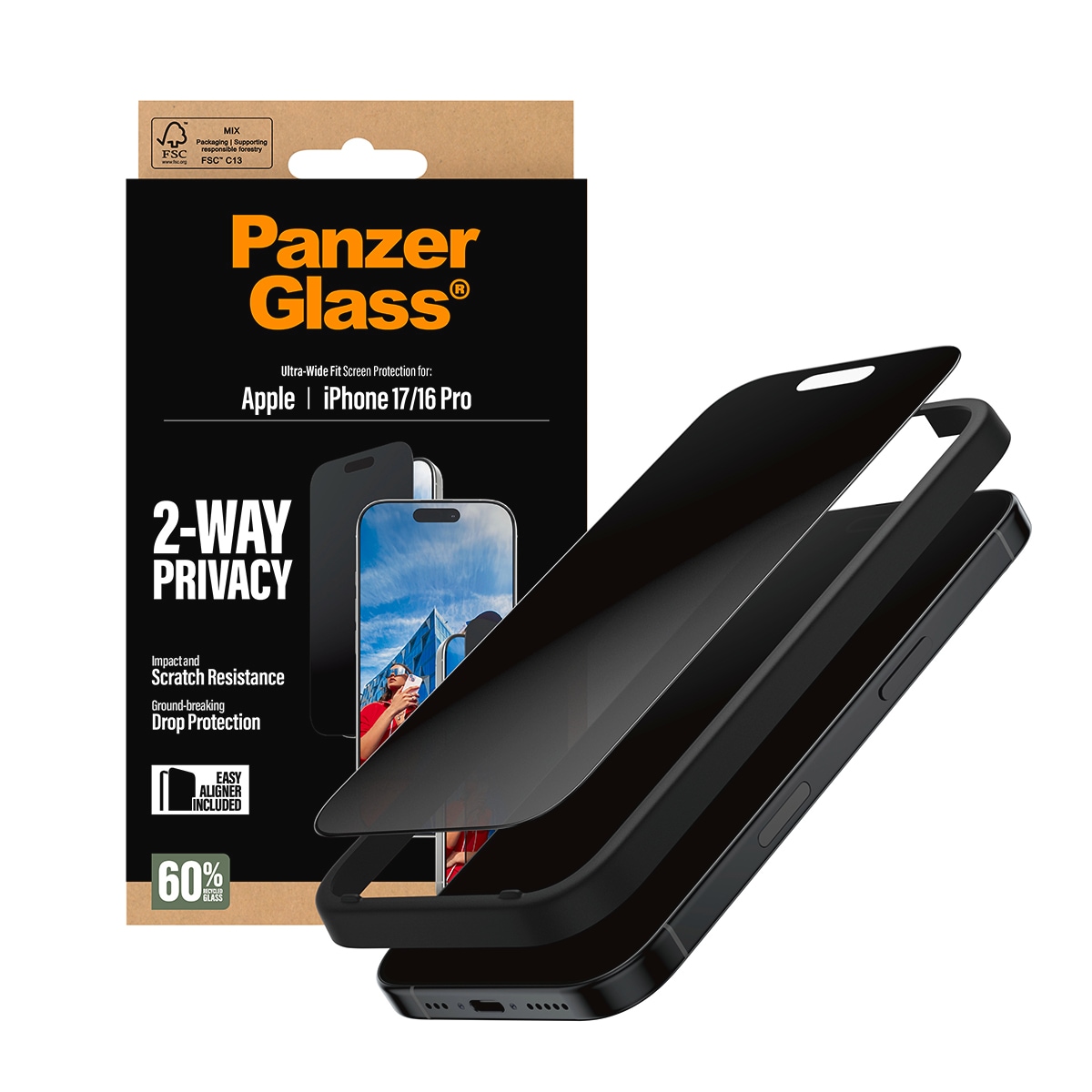 CARE by PanzerGlass Verre de protection d'écran »2-Way Privacy Ultra-Wide Fit Screen Protector« für Apple iPhone 17;Apple iPhone 16 Pro Displayschutzfolie, Schutzfolie, Bildschirmschutz, kratz- & stossfest