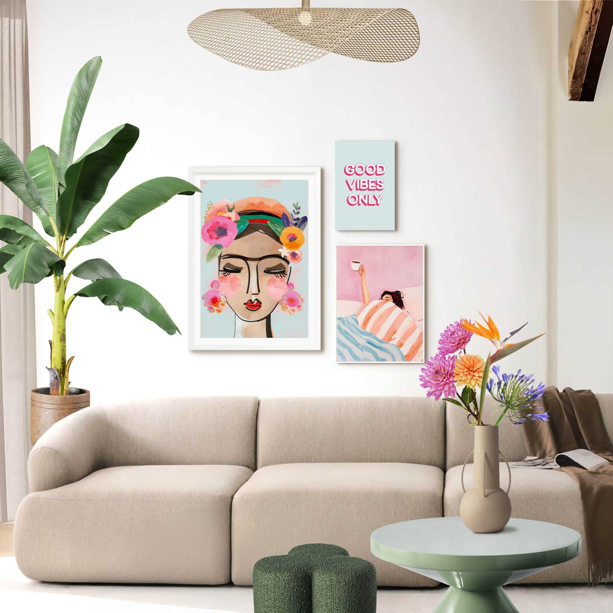 Image of Reinders Bild mit Rahmen "Pastellfarbenes Ambiente" Menschen 3 Stk. tlg. Schlafzimmer - Blau - MDF - Frauen - 50x70 cm