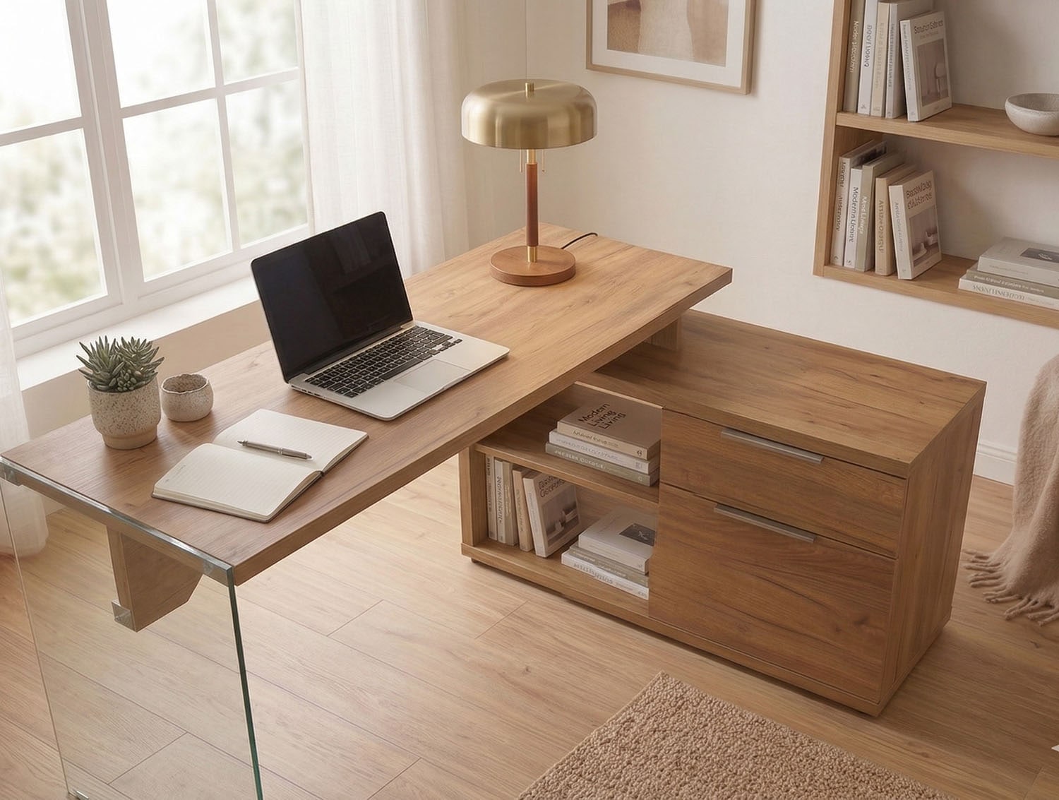 Jahnke Bureau d'angle »LUX C 135 E« bureau d'angle, montage réversible, verre, 1 tiroir et 2 compartiments
