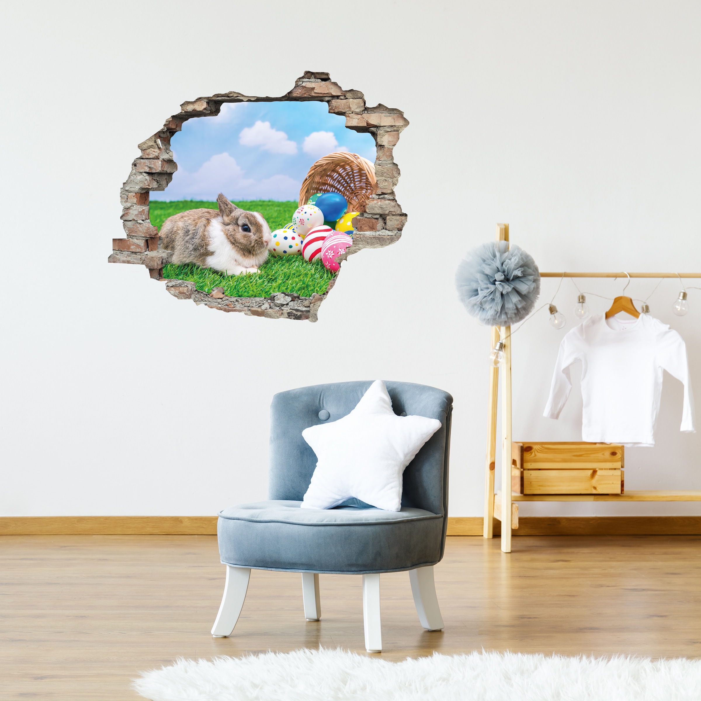 Image of queence 3D-Wandtattoo "Hase mit bunten Ostereiern" Selbstklebender Wandsticker Ostern Wanddurchbruch 60x50cm