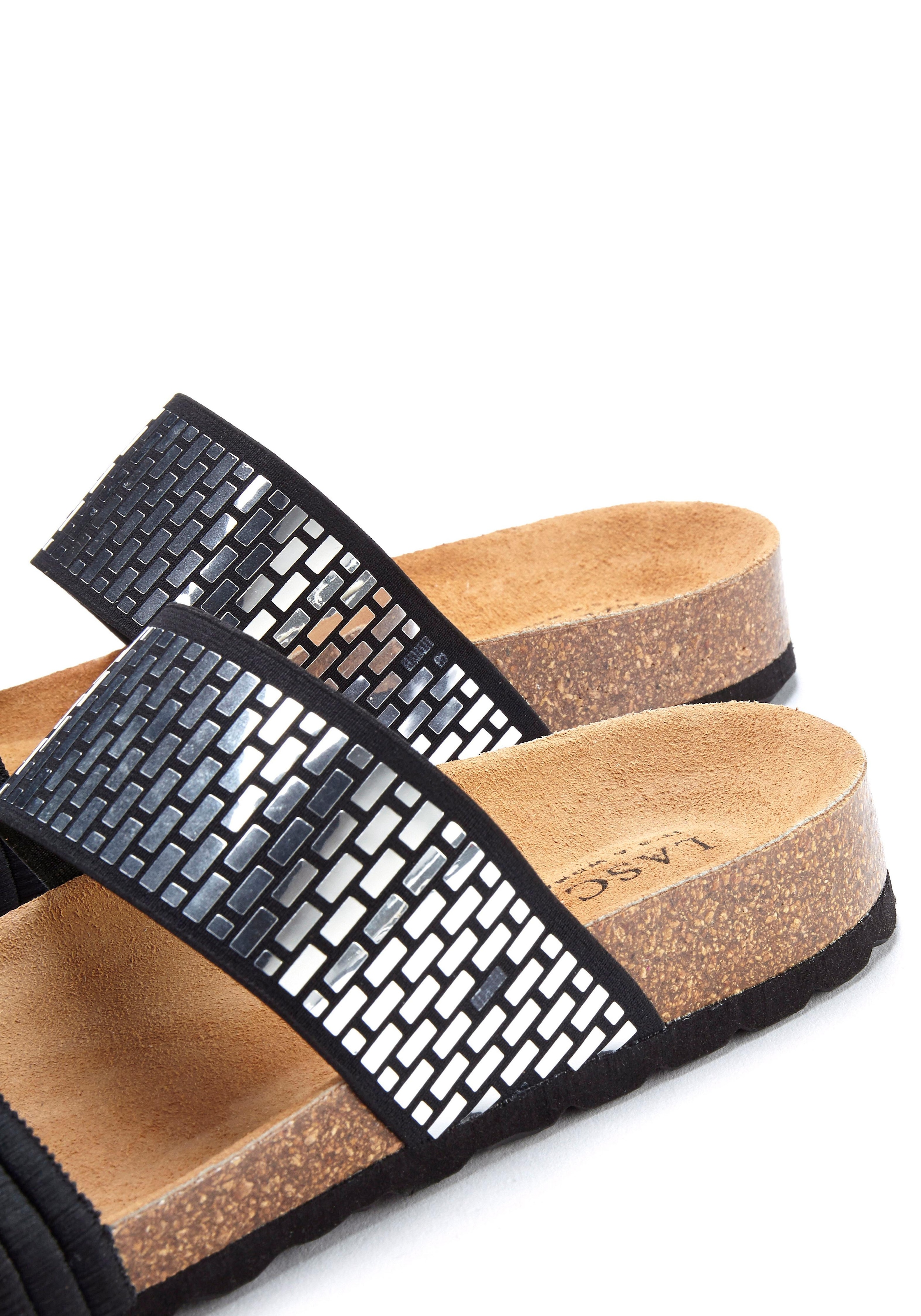 LASCANA Pantolette »Mule, Sandale, offener Schuh,«, mit Komfortkorkfussbett aus Leder und elastischen Riemchen