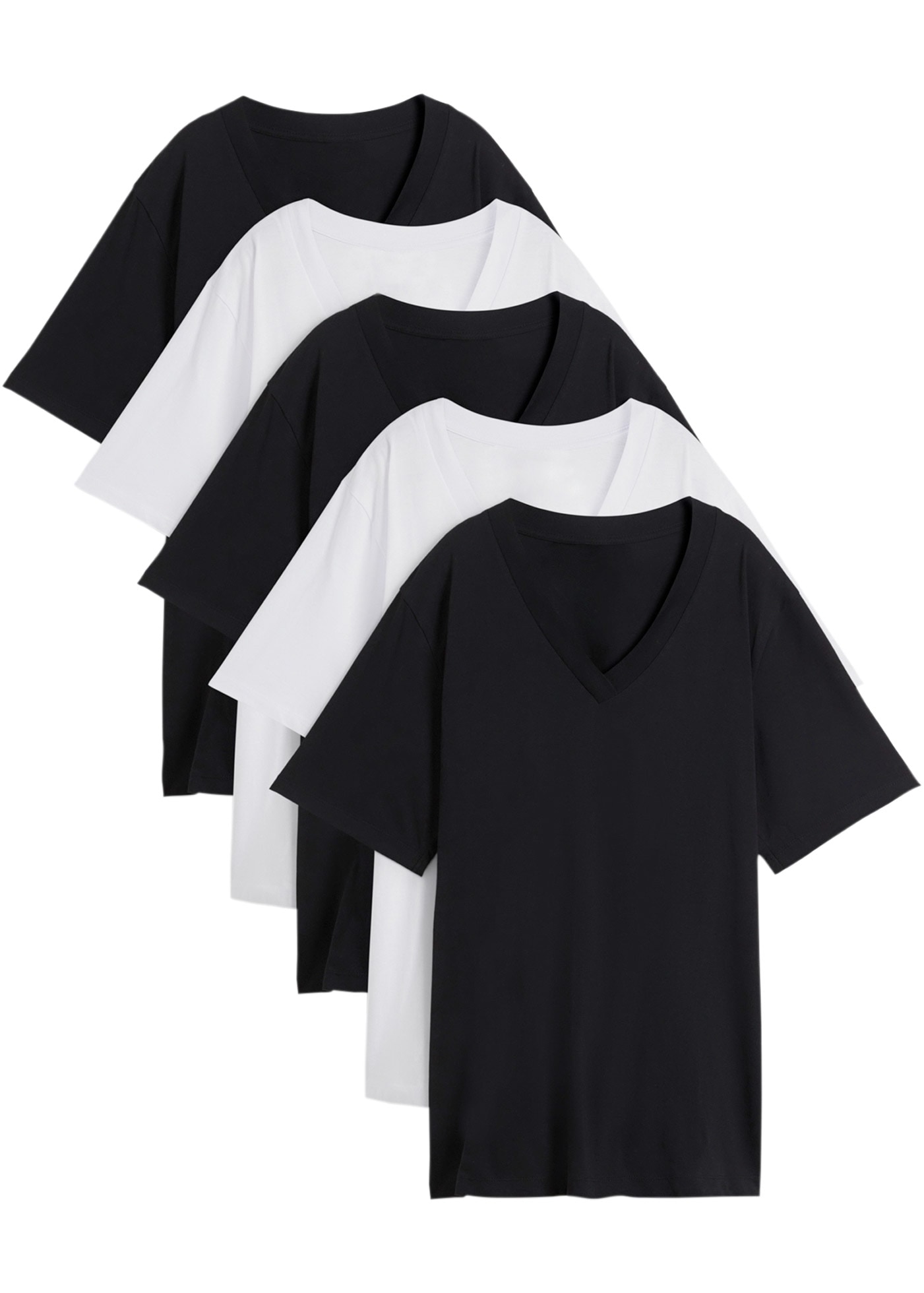 bonprix Longshirt »Weites Long-Shirt mit V-Ausschnitt, Kurzarm (5er Pack)« Packung, 5 Stk. lockere Passform, Kurzarm, mit V-Ausschnitt, unifarben