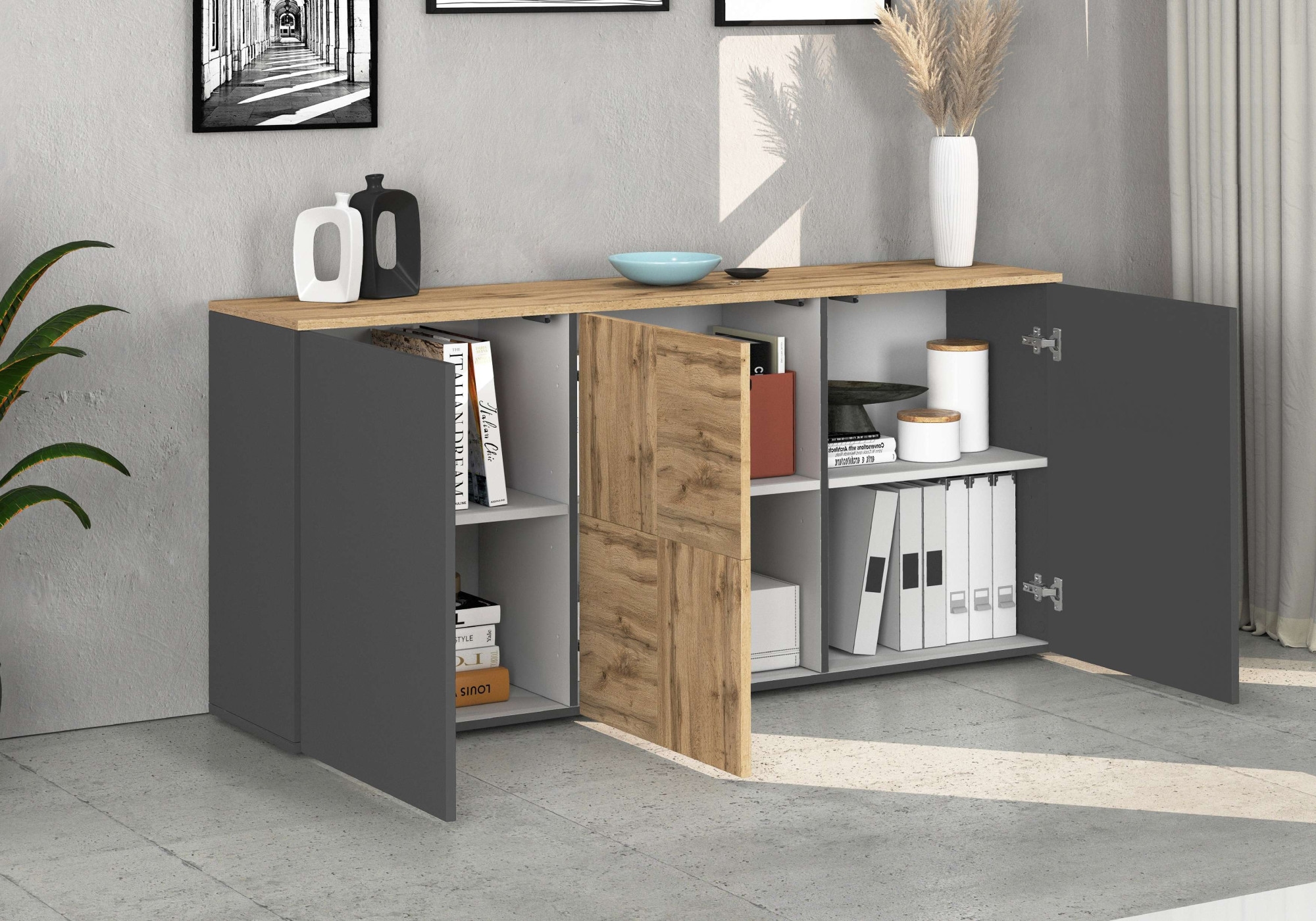 GOODproduct Sideboard »ISEO, Kommode, Schrank, Sideboard, Lowboard, 6 Fächer, Breite 150 cm« 1 Stk. tlg. stehend/hängend, 3 Türen, 6 Fächer, Breite 150 cm