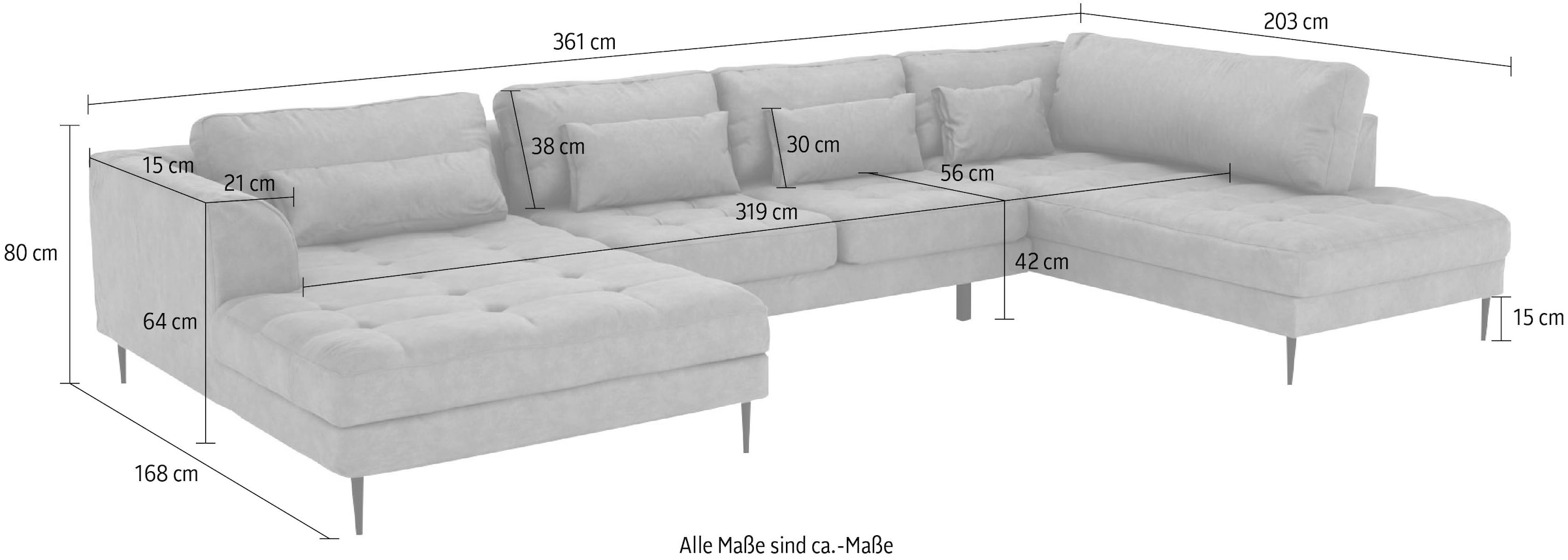 TRENDMANUFAKTUR Wohnlandschaft »Luzi, gemütliches Sofa, extra viel Platz, viele Kissen« Designsofa mit tollem Sitzkomfort, Metallfüsse schwarz, Breite 361 cm