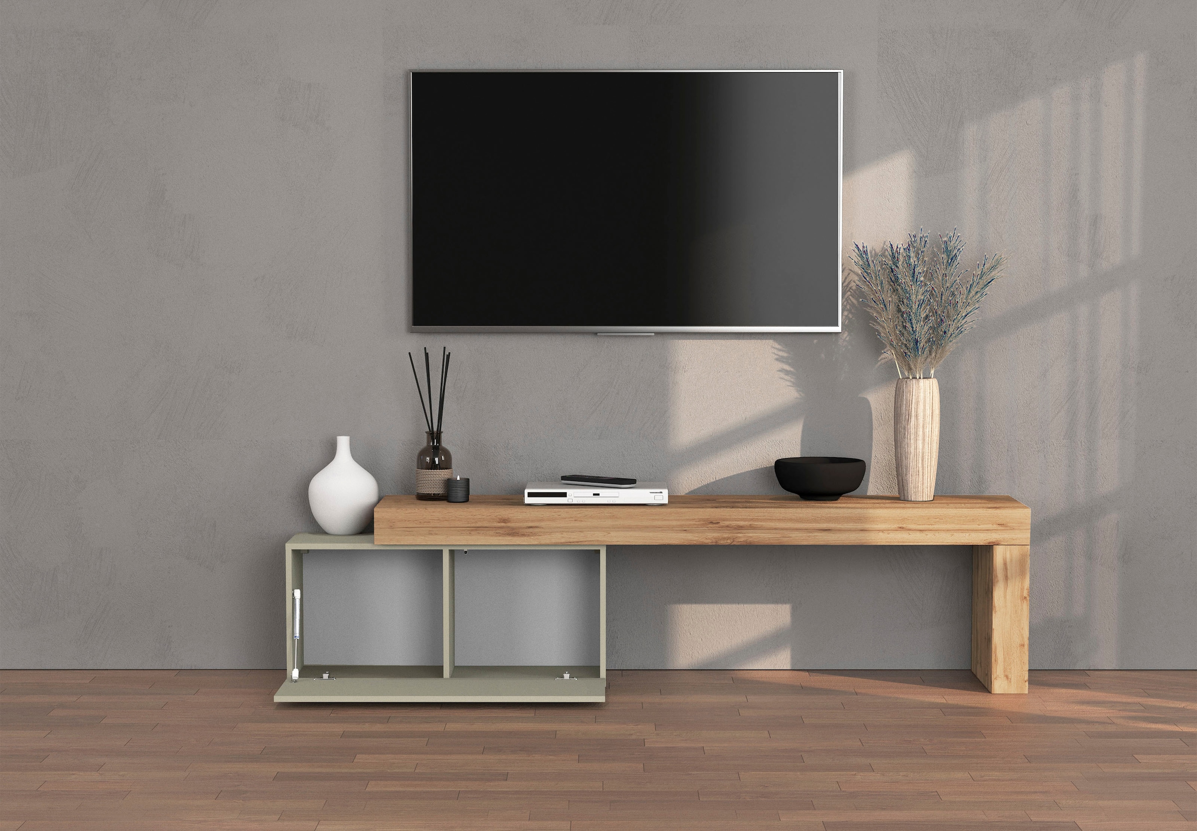 GOODproduct Table basse »Chronos TV-Board, TV-Schrank« Breite verstellbar von 180 bis 260 cm, 1 cuis tlg. Breite 220 cm TV-Board,Lowboard,1 Klappe und ein L-Förmiger Aufsatz