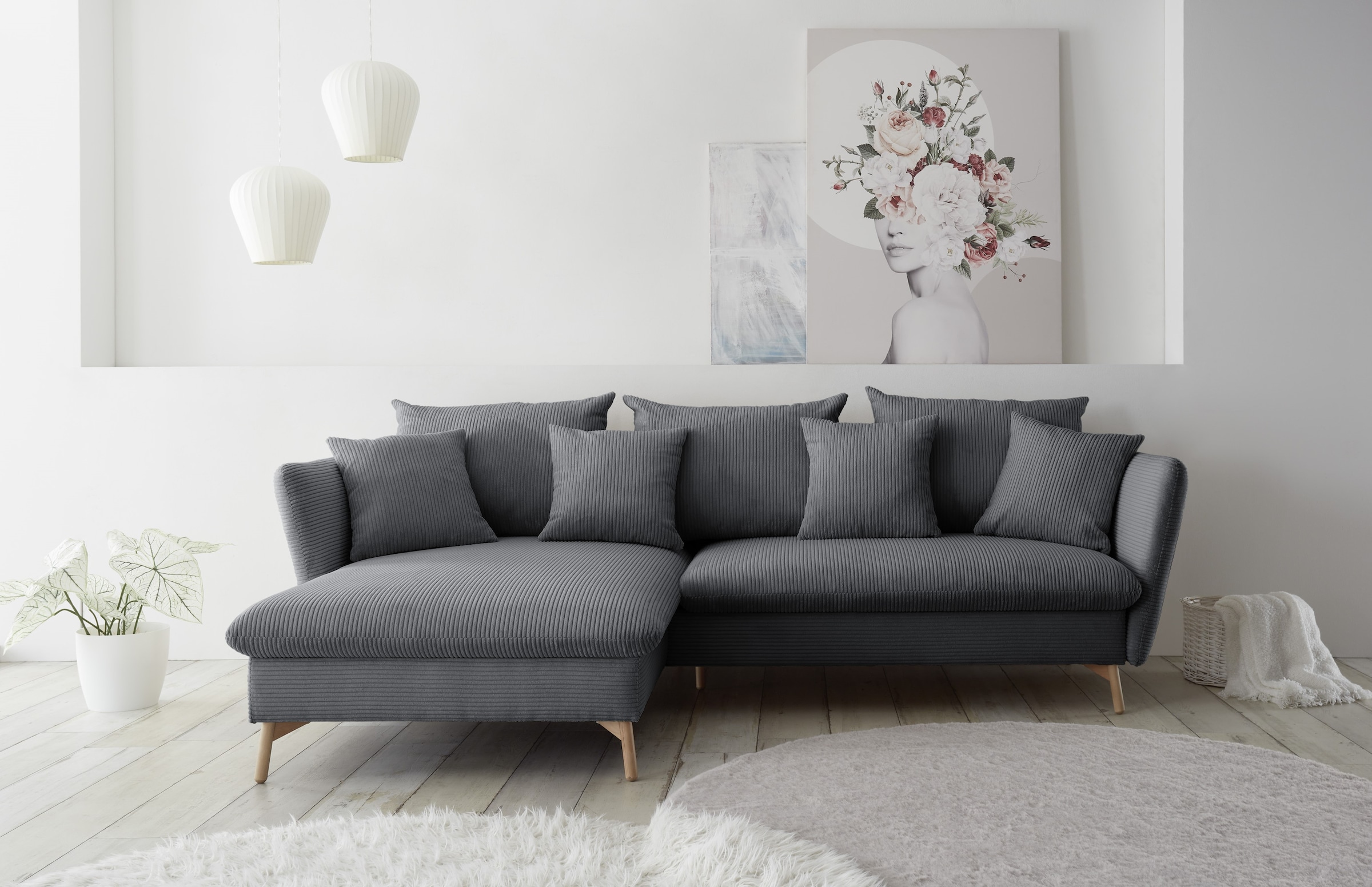 andas Ecksofa »MERLE, 258 cm, L-Form, traumhafter Cord,« mit Bettfunktion und Bettkasten, Liegefläche 224 x 139