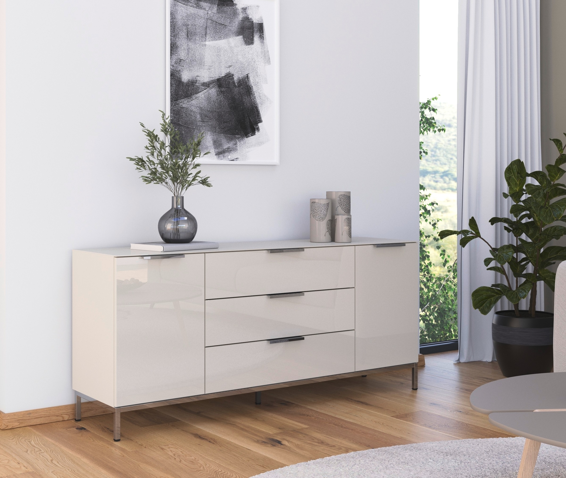 rauch Kombikommode "Kommode Türkommode Sideboard Kombikommode FLIPP mit Glasfront" Breite 160 cm mit 2 Einlegeböden, 2-türig, 3 Schubladen, Soft-Close-Funktion, Oberboden und Front Glas