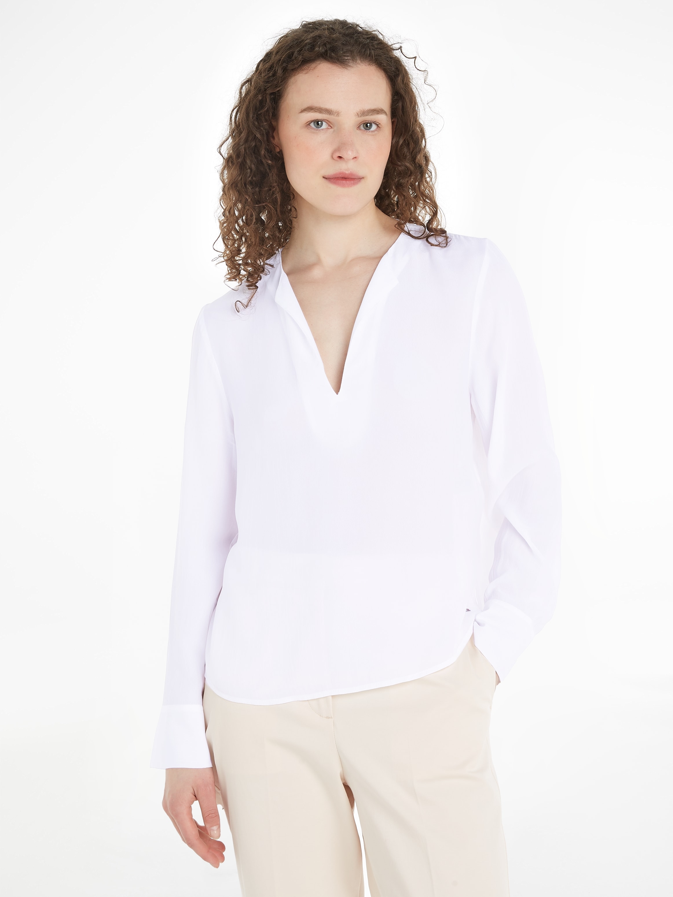 Langarmbluse »VISCOSE CREPE V-NECK BLOUSE«, in Unifarbe