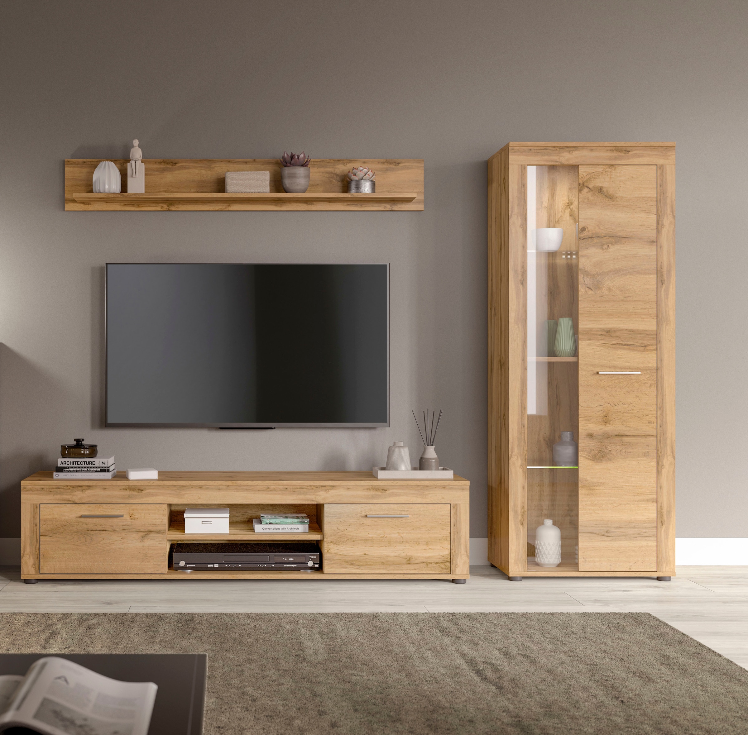 Image of Home affaire Wohnwand "AOSTA, Breite 235cm, 3-teilige Wohn-Kombination" bestehend aus: Lowboard, Wandboard, Vitrine, 3 Stk. tlg.