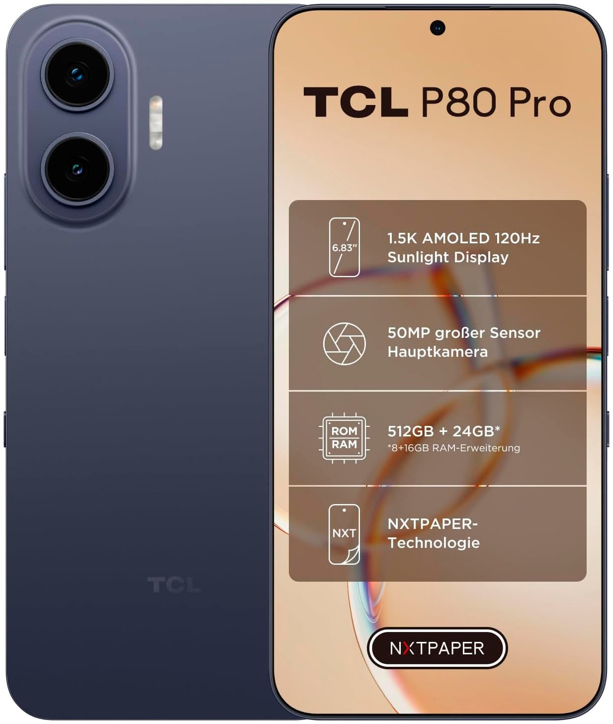 Image of TCL Smartphone "P80 Pro 8+512GB" Midnight Blue NXTPAPER-Technologie