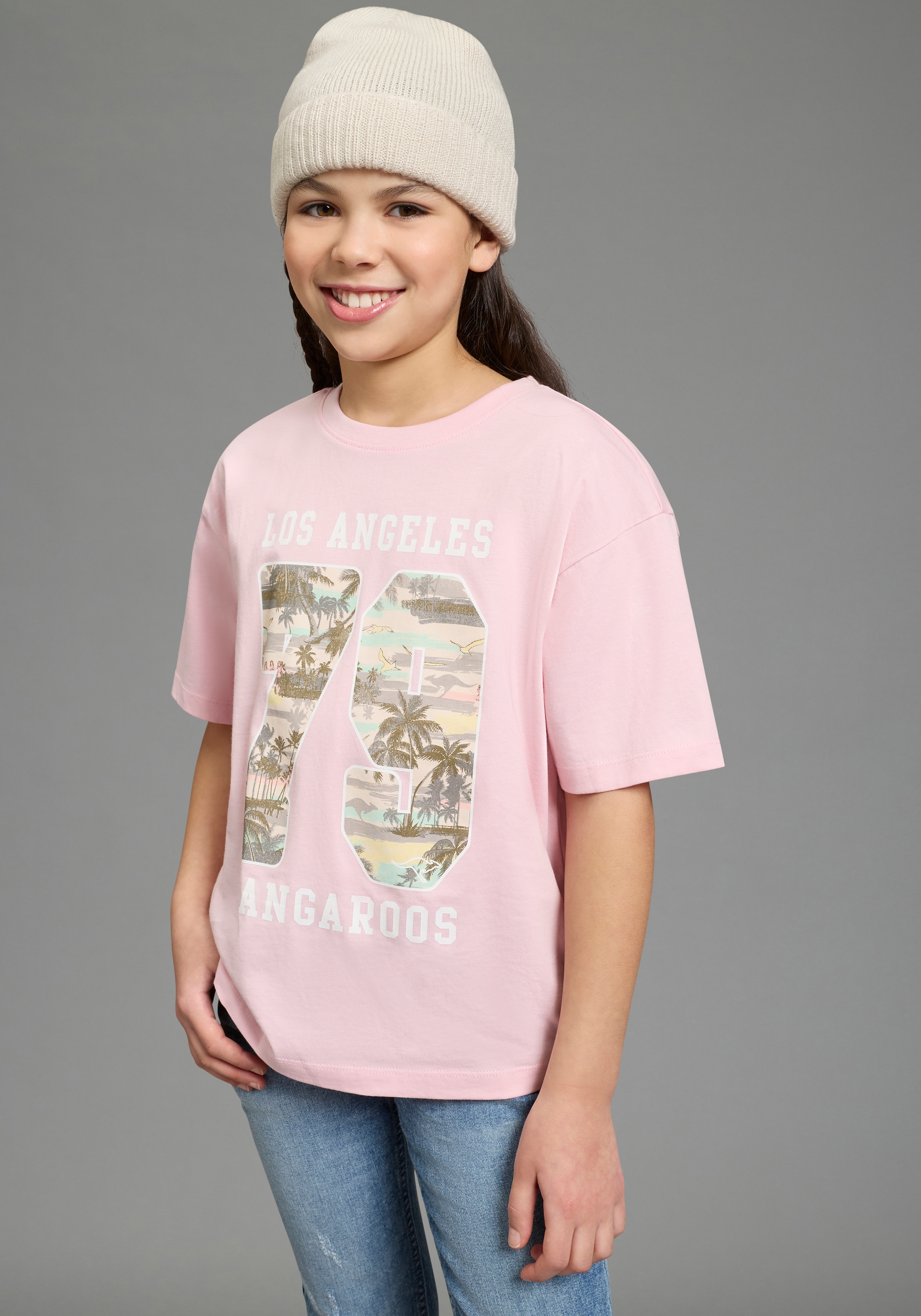 Image of KangaROOS T-Shirt "Locker geschnittenes Shirt mit Palmenprint" lässige Passform, Kurzarm, bedruckt, aus Baumwolle