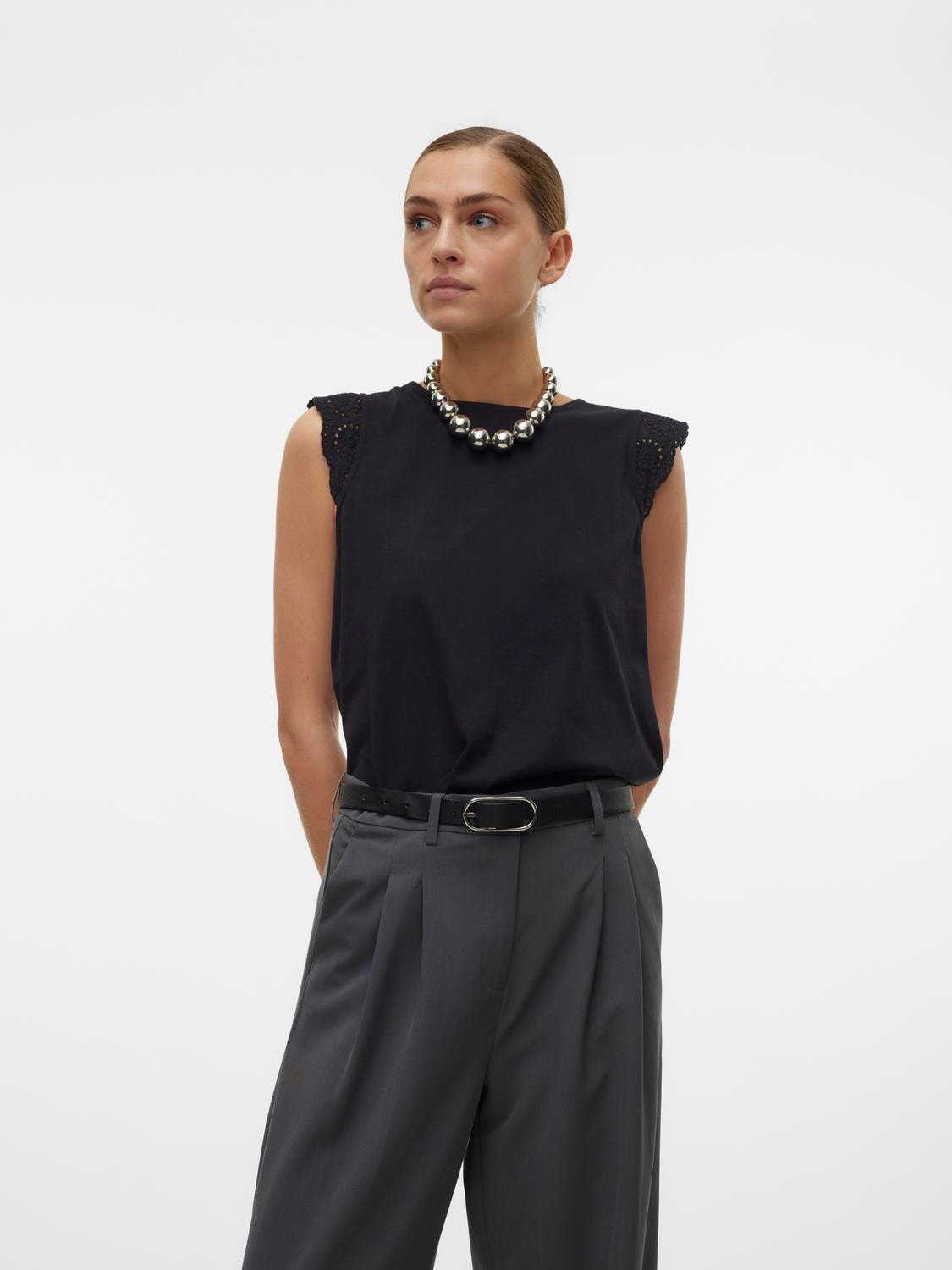 Image of Vero Moda T-Shirt "VMEMILY SL GATHERING TOP JRS NOOS" Baumwolle, regular fit, Spitze