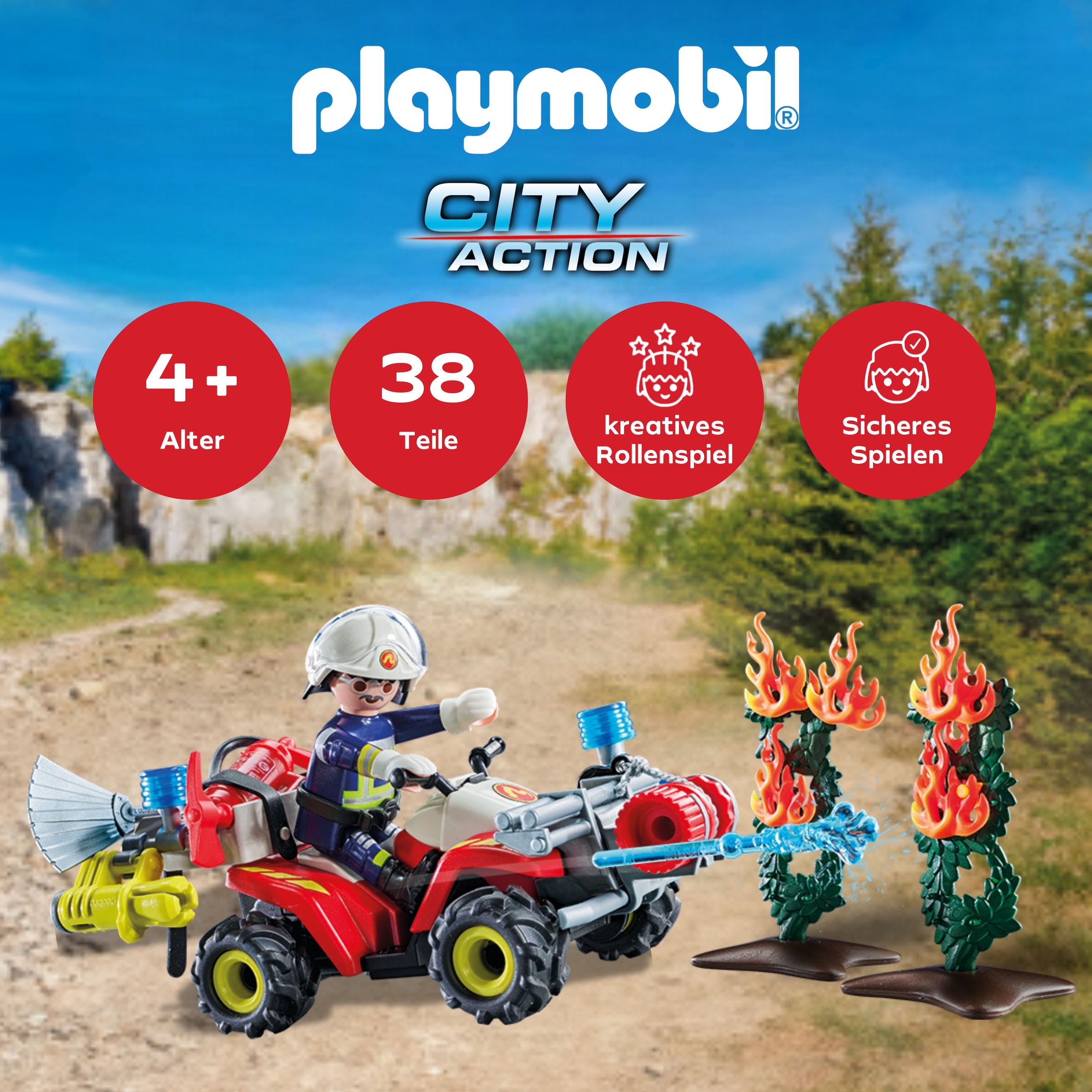 Playmobil® Konstruktions-Spielset »Feuerwehr Quad löscht Heckenbrand (71825), Playmobil Action Heroes«