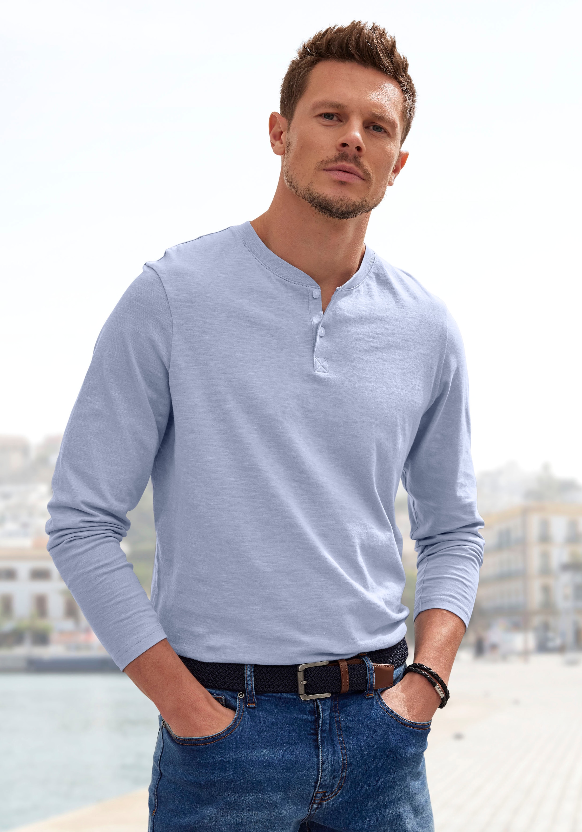 Image of H.I.S Langarmshirt "- Henleyshirt langarm" Langarm, Shirt mit Knopfleiste aus strukturierter Baumwoll-Qualität