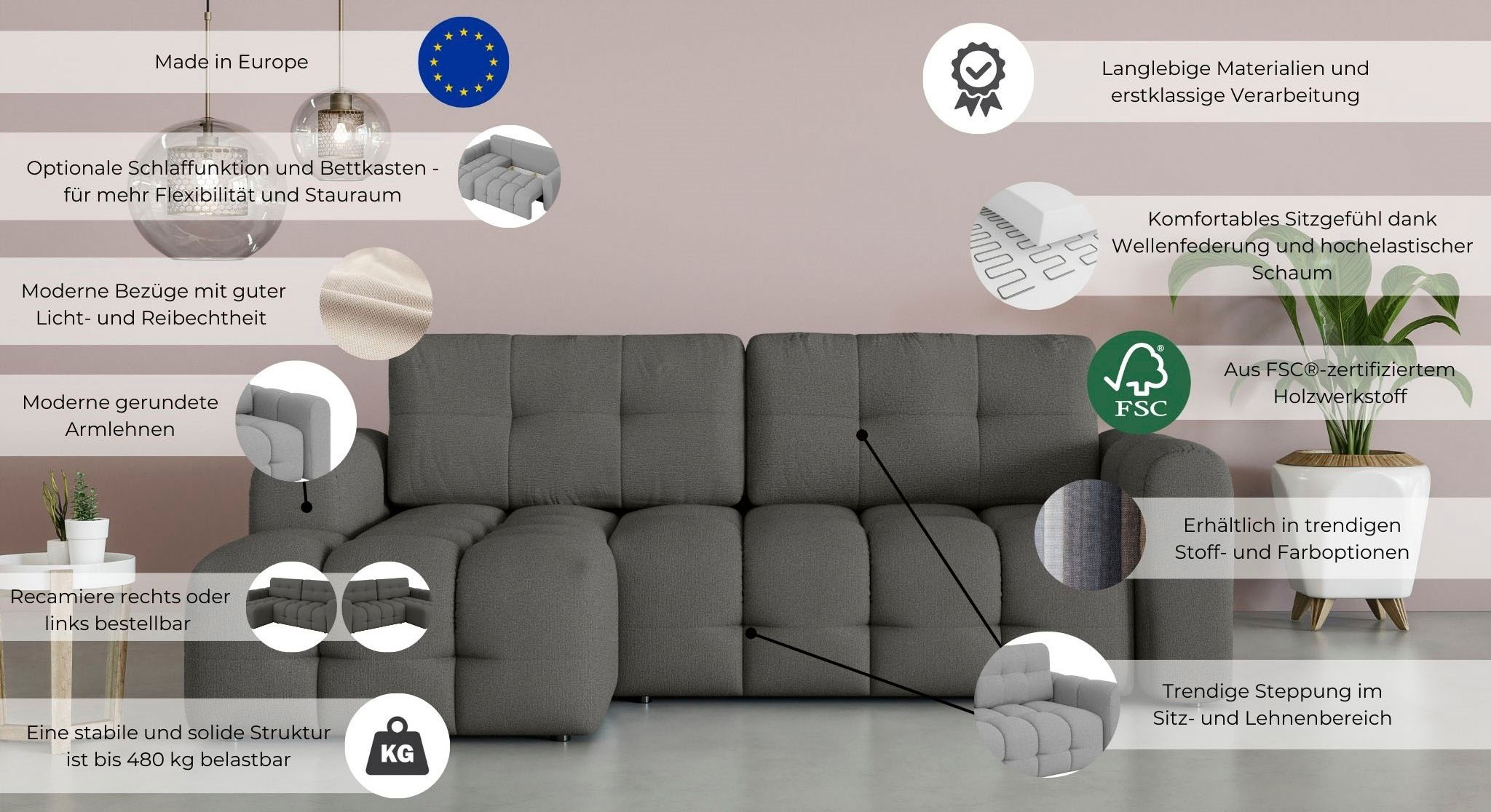 INOSIGN Ecksofa »Manilla, wahlweise mit Bettfunktion, B/T/H 265/170/91 cm« L-Form mit Recamiere rechts/links bestellbar, Wellenunterfederung