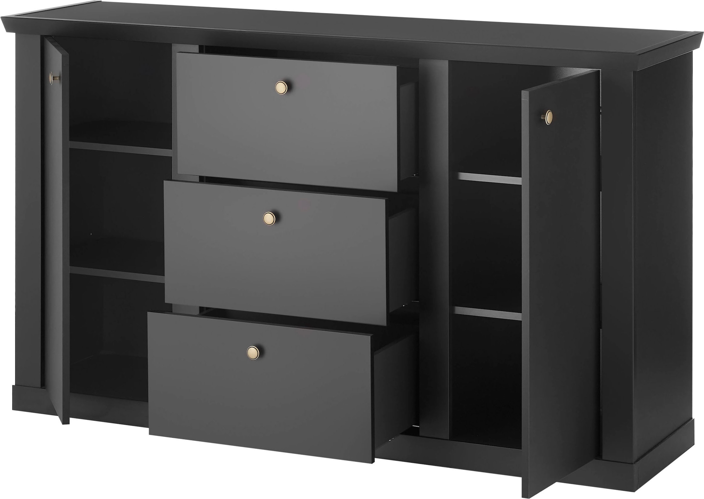 Home affaire Sideboard »Lincoln, moderner Schrank, schwarze Kommode, 158 cm breit« edles Design, messingfarbene Knopfgriffe, in 2 Grössen verfügbar