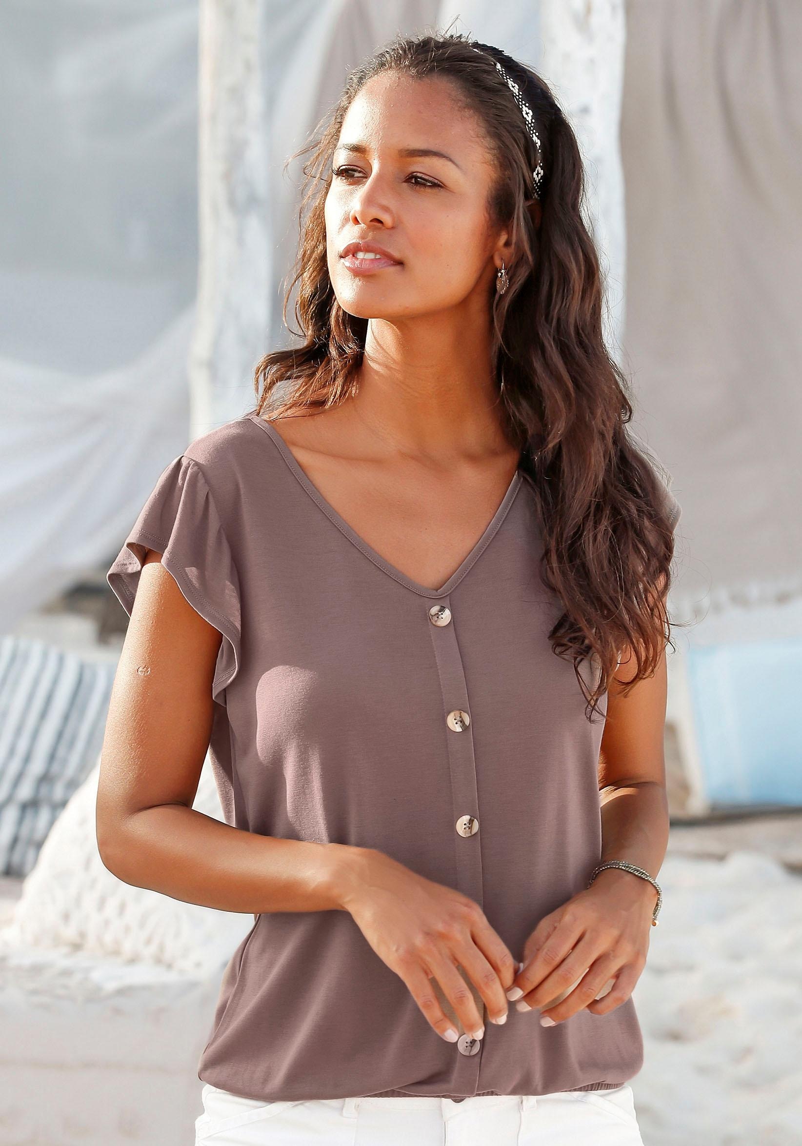 Image of LASCANA V-Shirt "mit Zierknopfleiste" 2er-Pack, aus Viskose-Qualität, Volantärmel