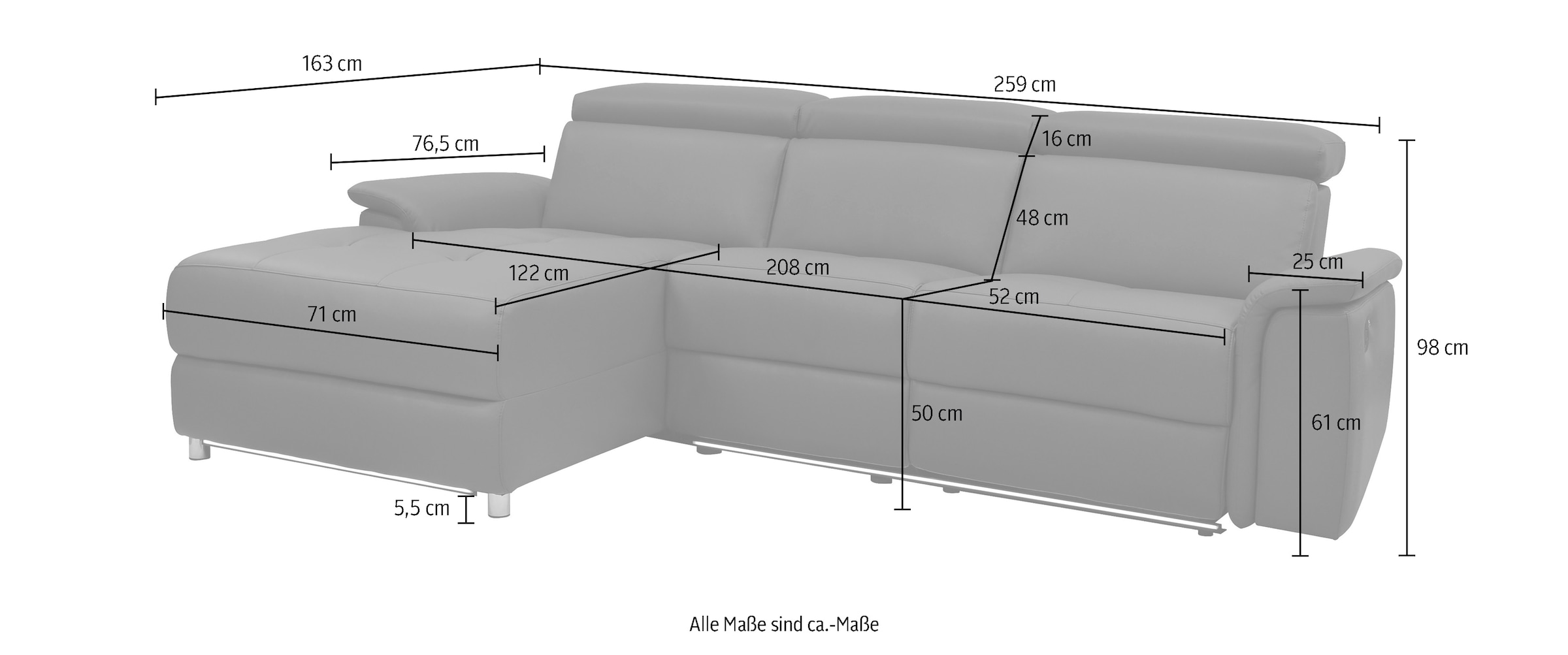 Home affaire Ecksofa »Pareli, L-Form, 259cm,m. Recamiere, Echtleder, Kunstleder, Webstoff« man. o. elektr. Relaxfunktion, USB/Kopfteilverstellg u. LED