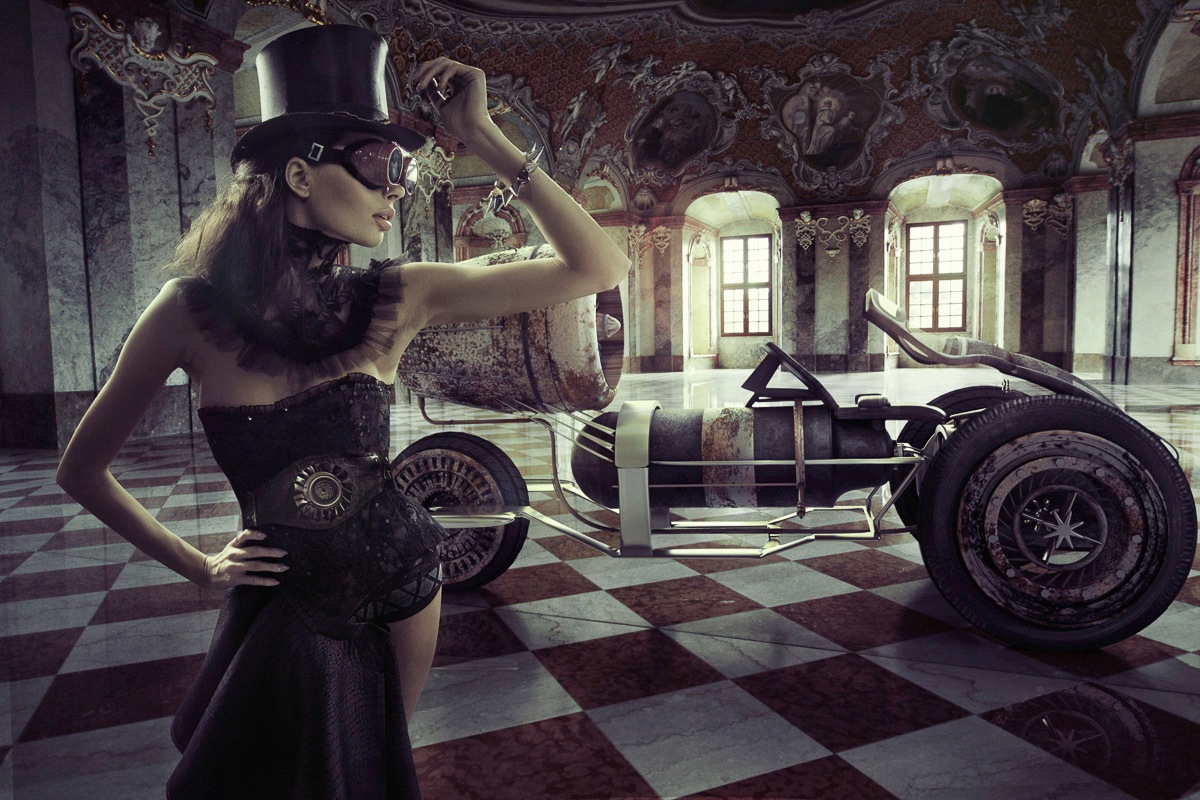 Image of Papermoon Fototapete »STEAMPUNK-FRAU SEXY FANTASIE SURREAL KUNST RETRO AUTO«, Vliestapete, hochwertiger Digitaldruck, inklusive Kleister bei Ackermann Versand Schweiz