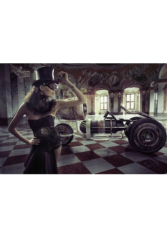 Fototapete »STEAMPUNK-FRAU SEXY FANTASIE SURREAL KUNST RETRO AUTO«