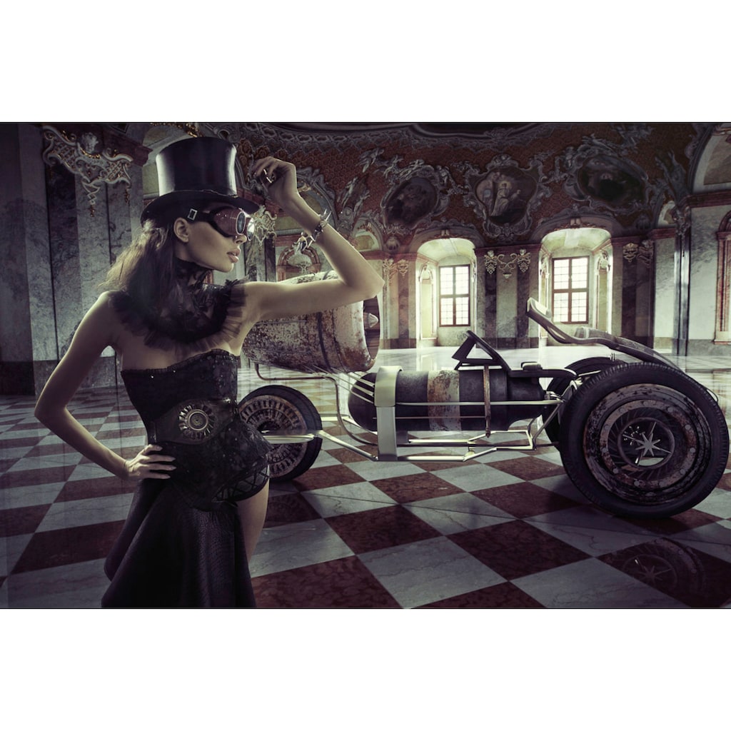 Papermoon Fototapete »STEAMPUNK-FRAU SEXY FANTASIE SURREAL KUNST RETRO AUTO«