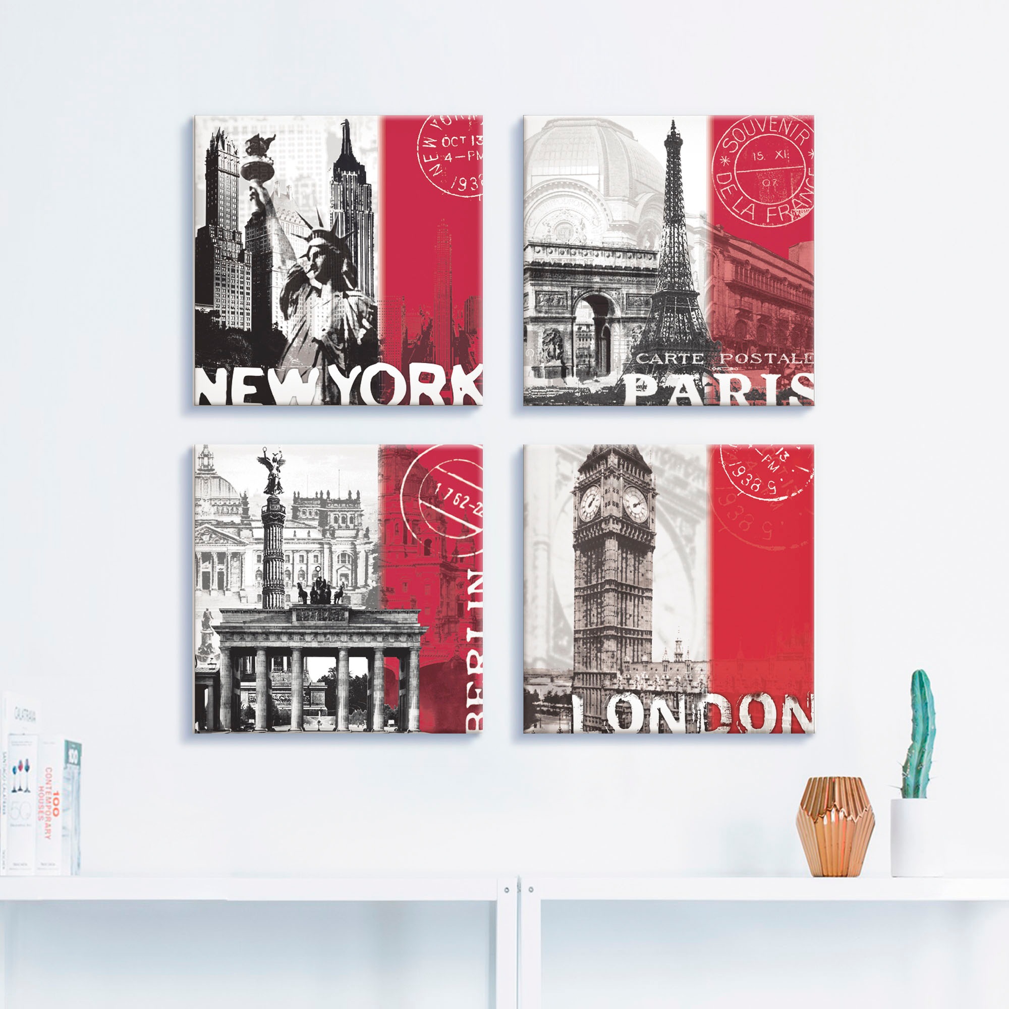 Artland Leinwandbild »New York Paris Berlin London_bordeauxrot«, Gebäude, (4 St.), 4er Set, verschiedene Grössen
