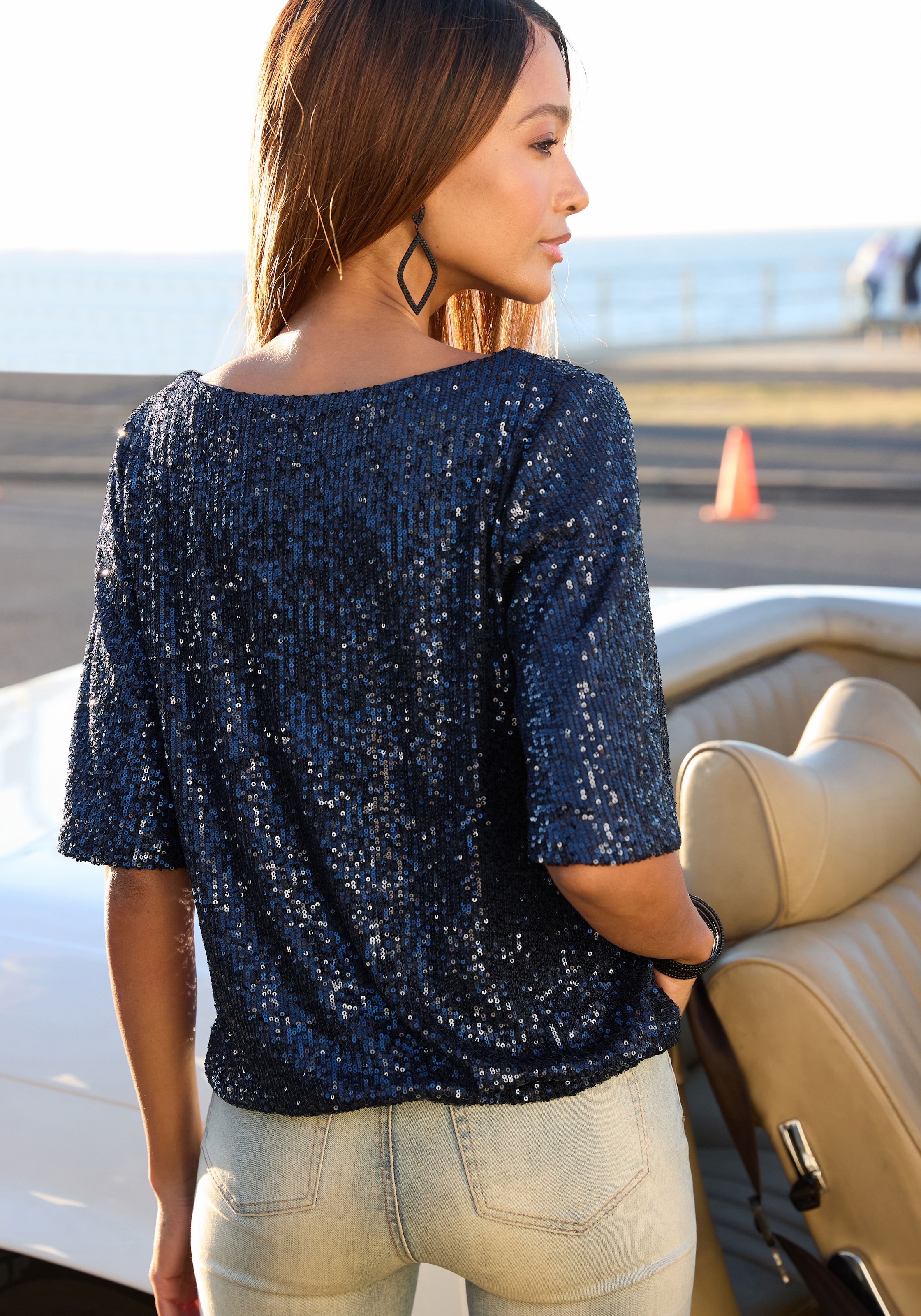 LASCANA T-shirt à paillettes à manches larges, t-shirt festif pailleté, t-shirt de fête