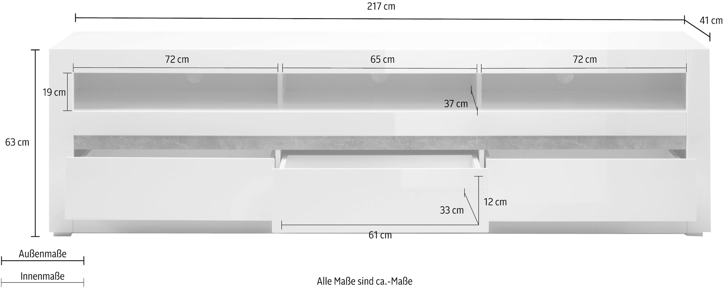 Home affaire Table basse »Carat« Breite 217 cm, Zierleiste 1x betonfarben und 1x weiss