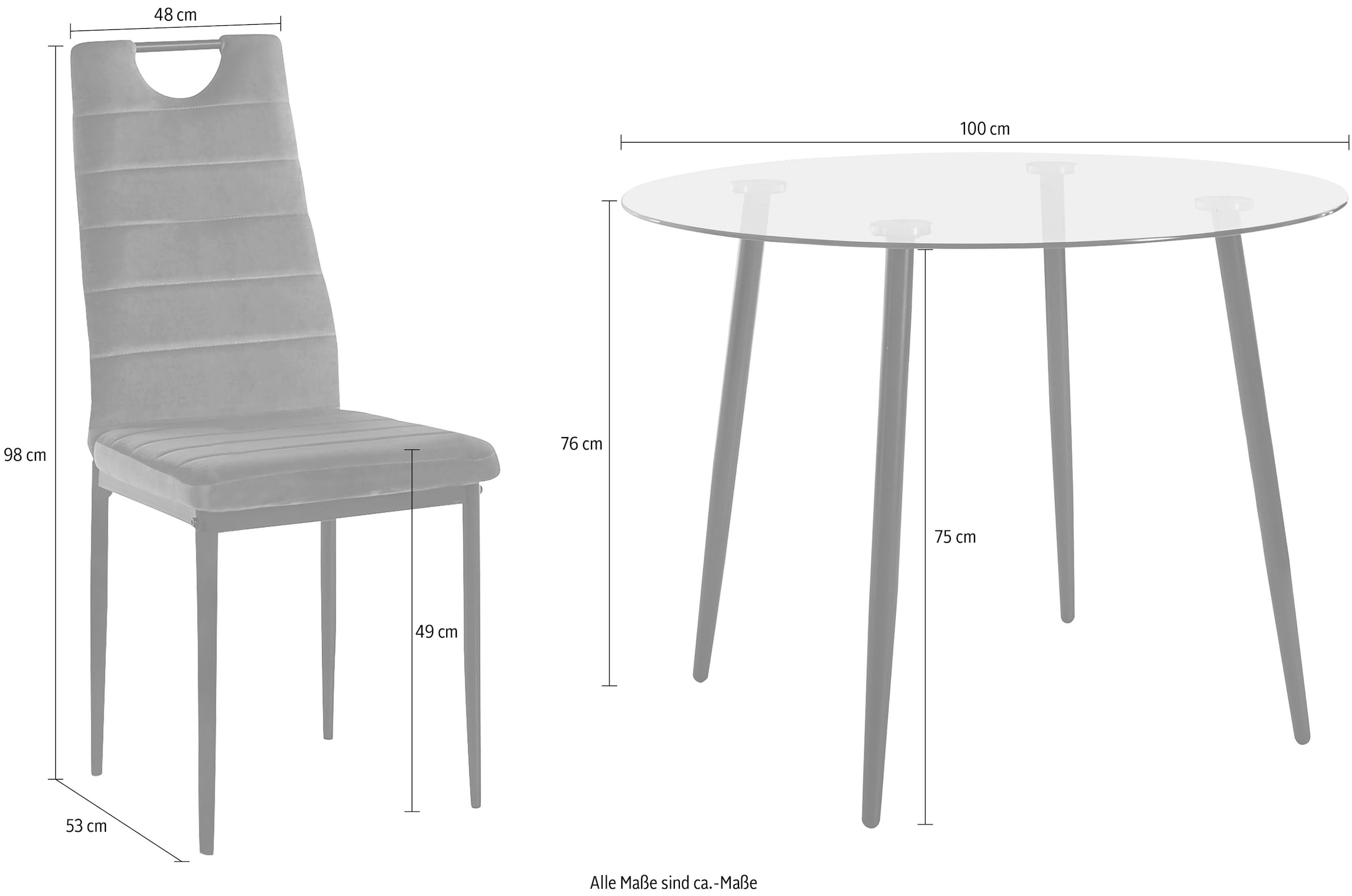 INOSIGN Essgruppe, (Set, 5 tlg.), runder Glastisch, Ø 100 cm und 4 Esszimmerstühlen, Bezug aus Samtstoff