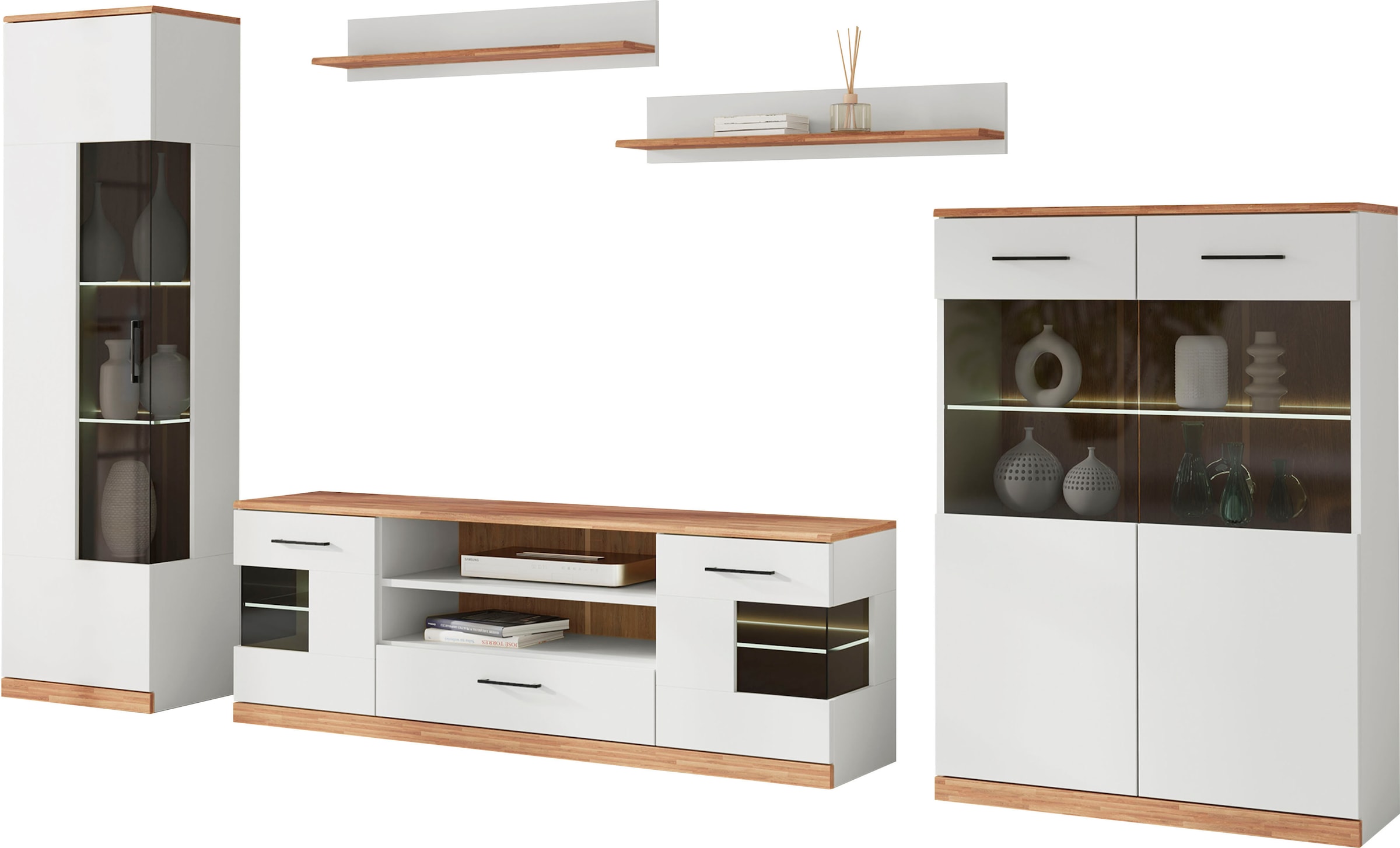 GOODproduct Wohnwand »Ribe: 5teilig, Breite: 300cm,Fronten aus Massivholz,Korpus aus Melamin« 5 Stk. tlg.